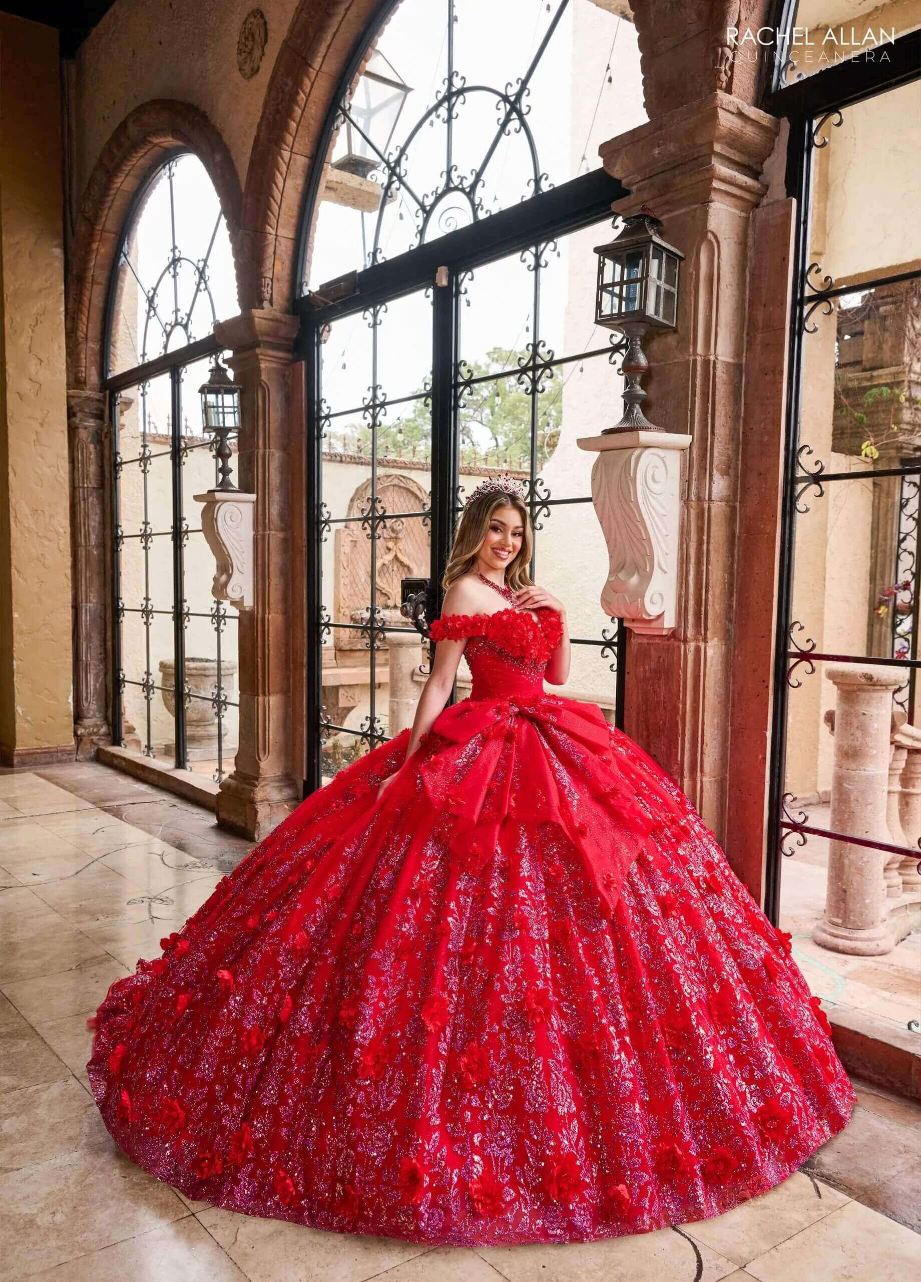 Red Fuchsia Off the Shoulder Floor Length Tulle Quinceanera Ball Gown with Floral Appliqué Rachel Allan RQ1141