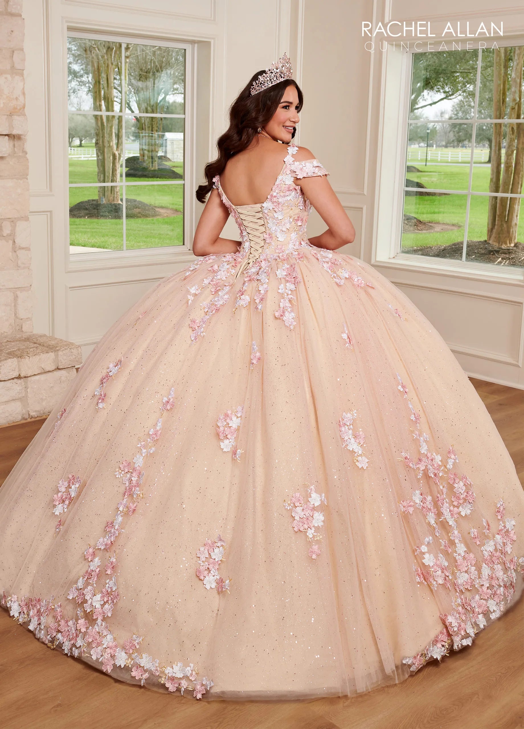 V-Neck Floor-Length Glitter Tulle Quinceanera Ball Gown with 3D Flowers Rachel Allan RQ1125