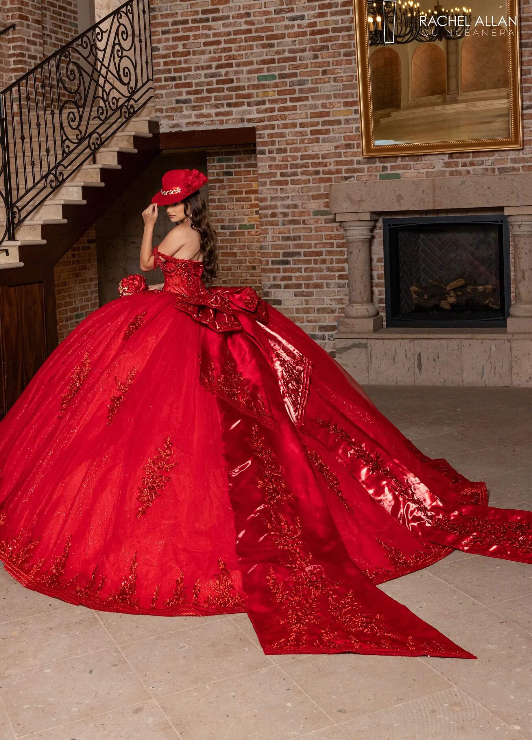 Deep Red Off the Shoulder Floor Length Glitter Tulle Quinceanera Ball Gown with Detachable Bow Rachel Allan RQ1187
