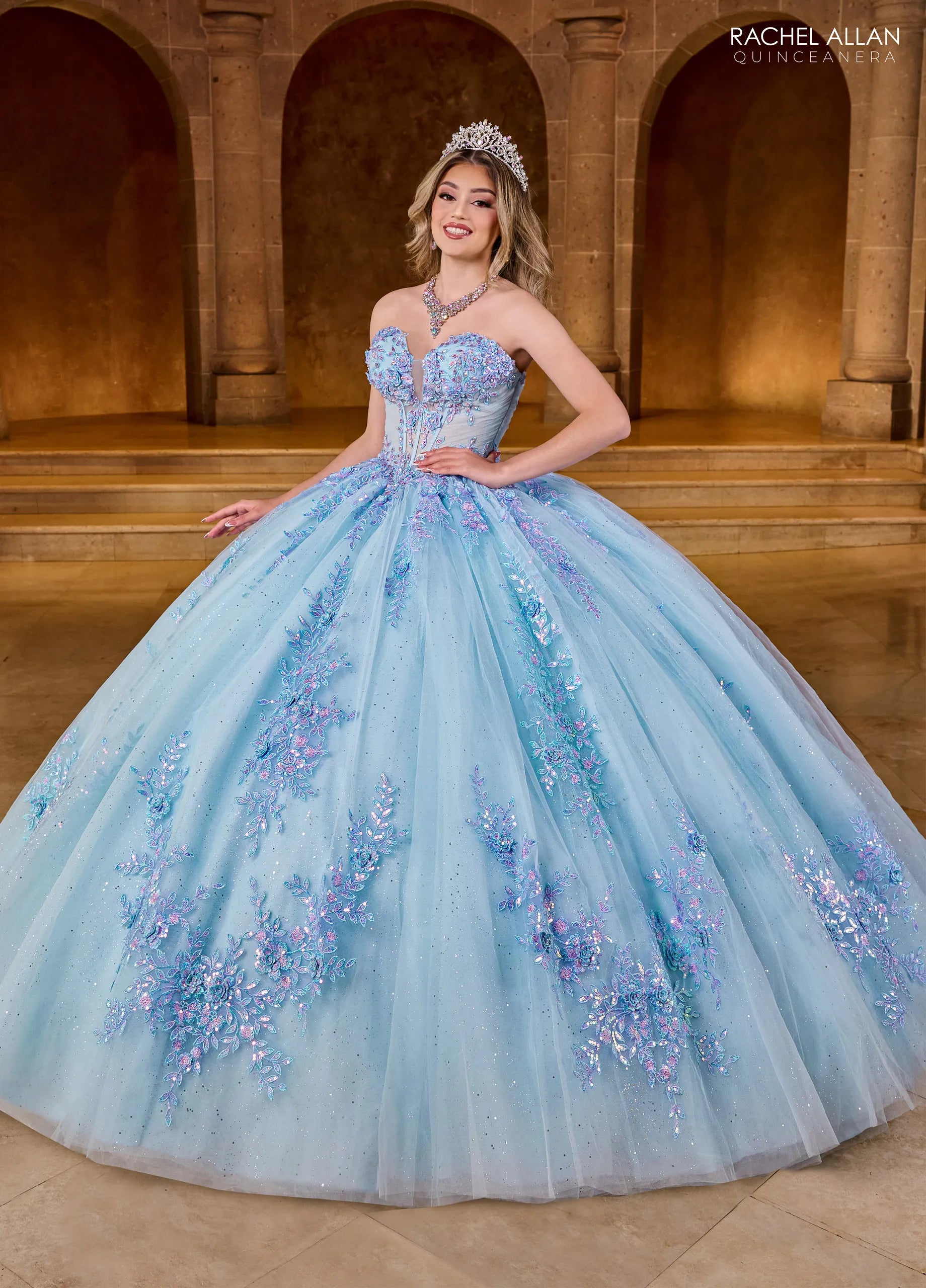 Light Blue Multi Sweetheart Floor Length Tulle Quinceanera Ball Gown with Floral Applique Rachel Allan RQ1148
