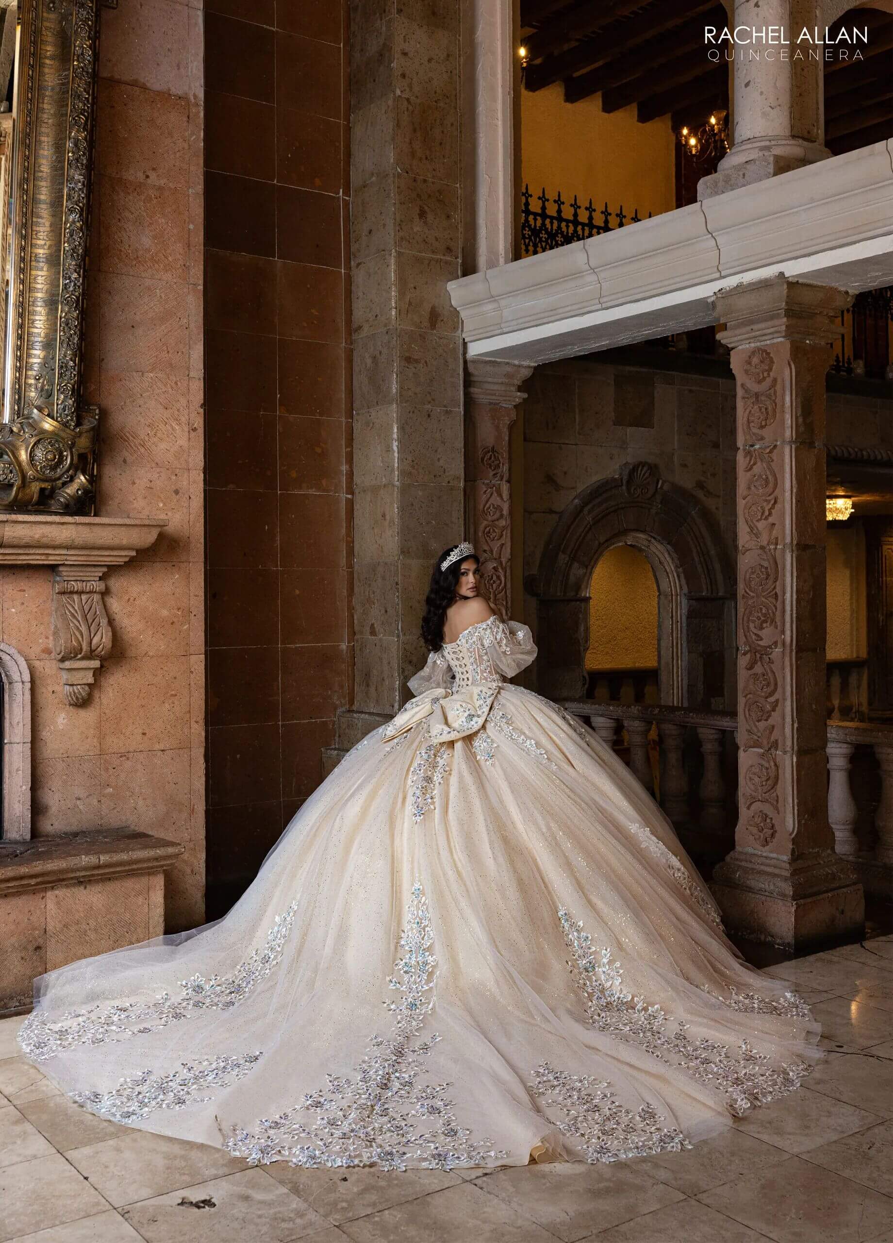 Ivory Champagne Sweetheart Floor Length Glitter Tulle Quinceanera Ball Gown with Detachable Puff Sleeves and Bow Rachel Allan RQ1165