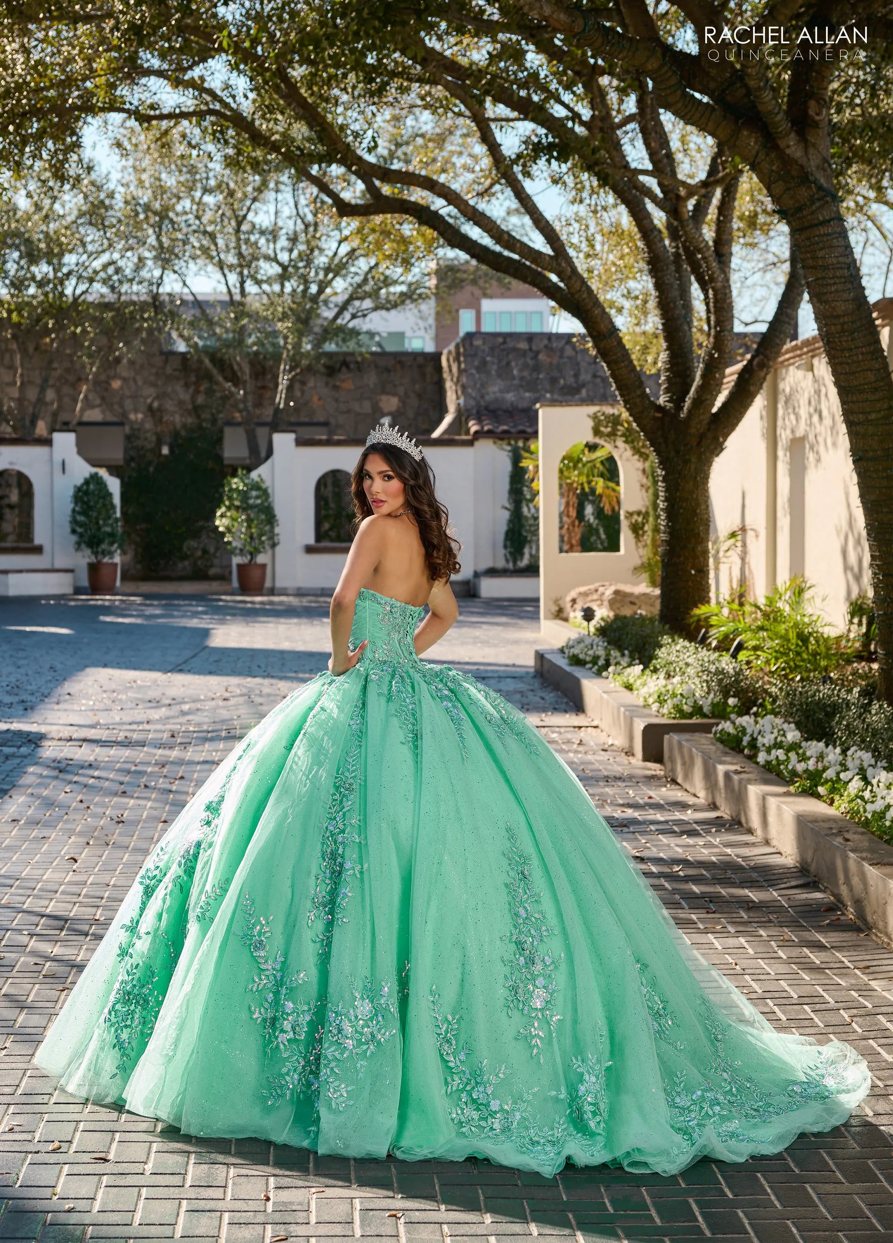 Mint Multi Sweetheart Floor Length Tulle Quinceanera Ball Gown with Floral Applique Rachel Allan RQ1148