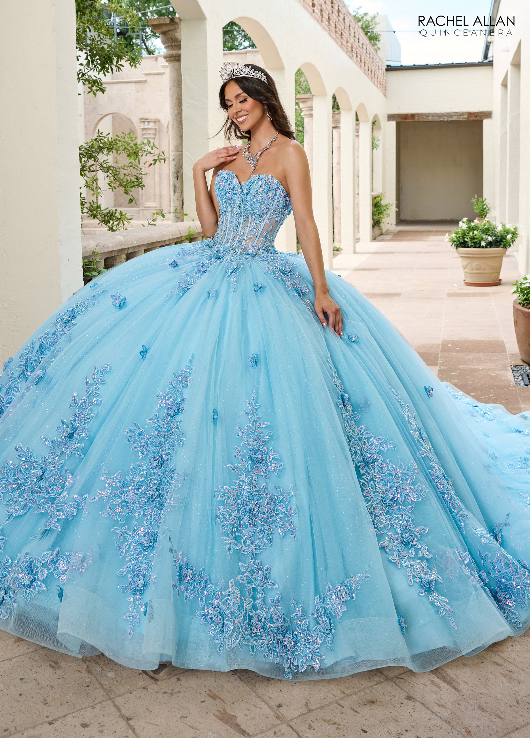 Quinceniera Dresses Long Beaded Ball Gown Corset Lace Quinceanera Dress Light Blue