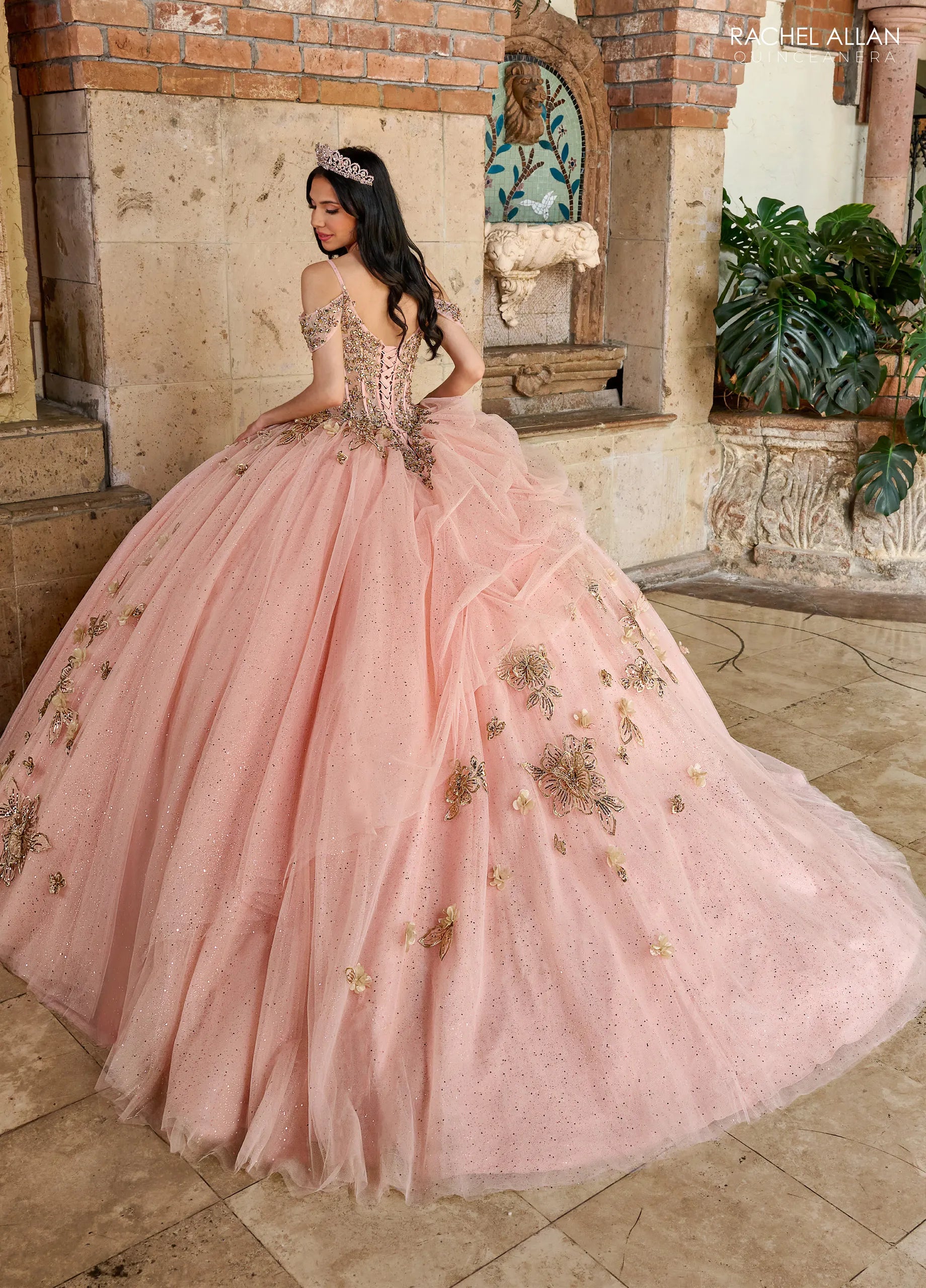 Blush Gold Sweetheart Floor Length Tulle Quinceanera Ball Gown with Floral Applique Cape Rachel Allan RQ1144