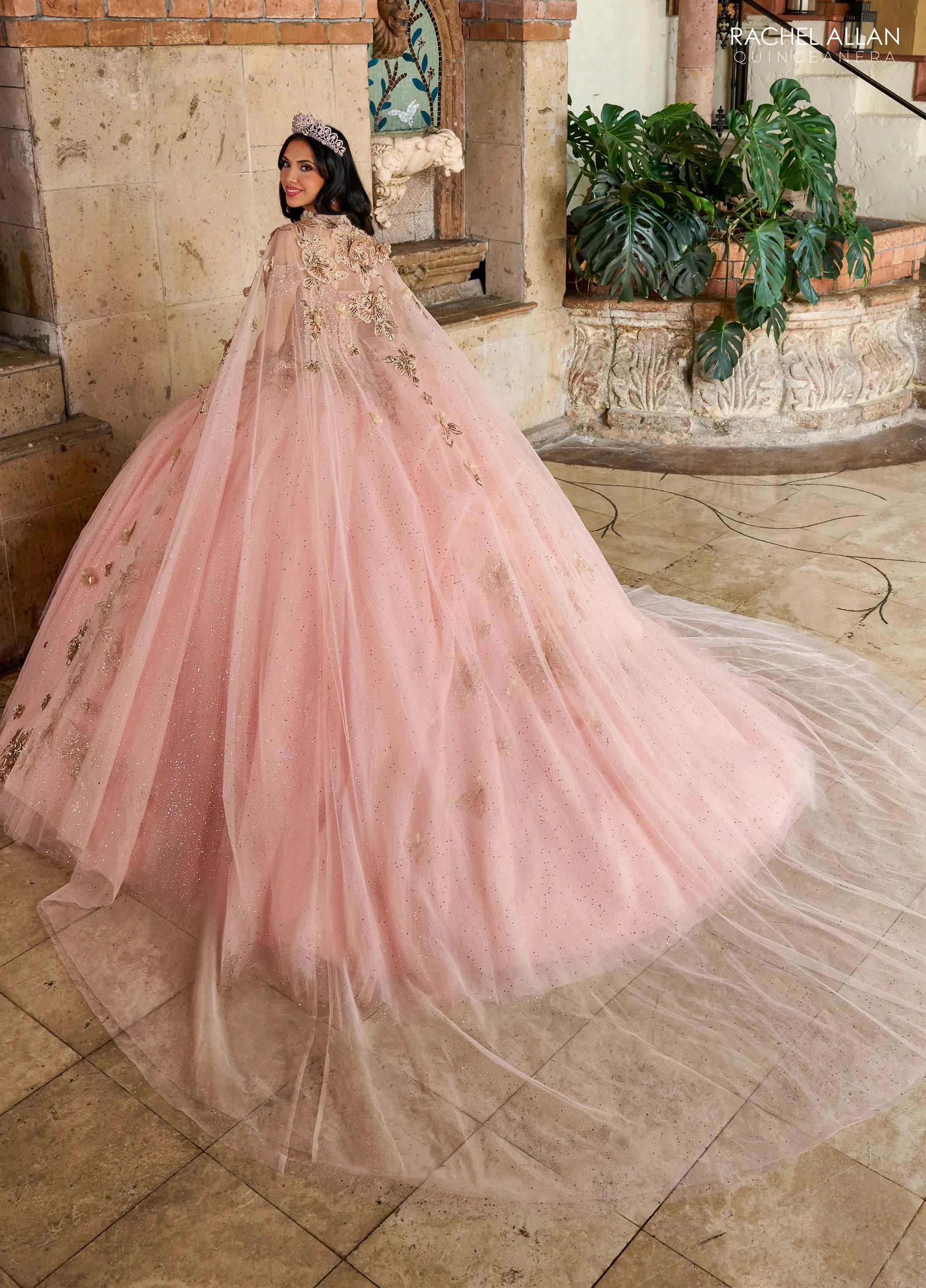 Blush Gold Sweetheart Floor Length Tulle Quinceanera Ball Gown with Floral Applique Cape Rachel Allan RQ1144