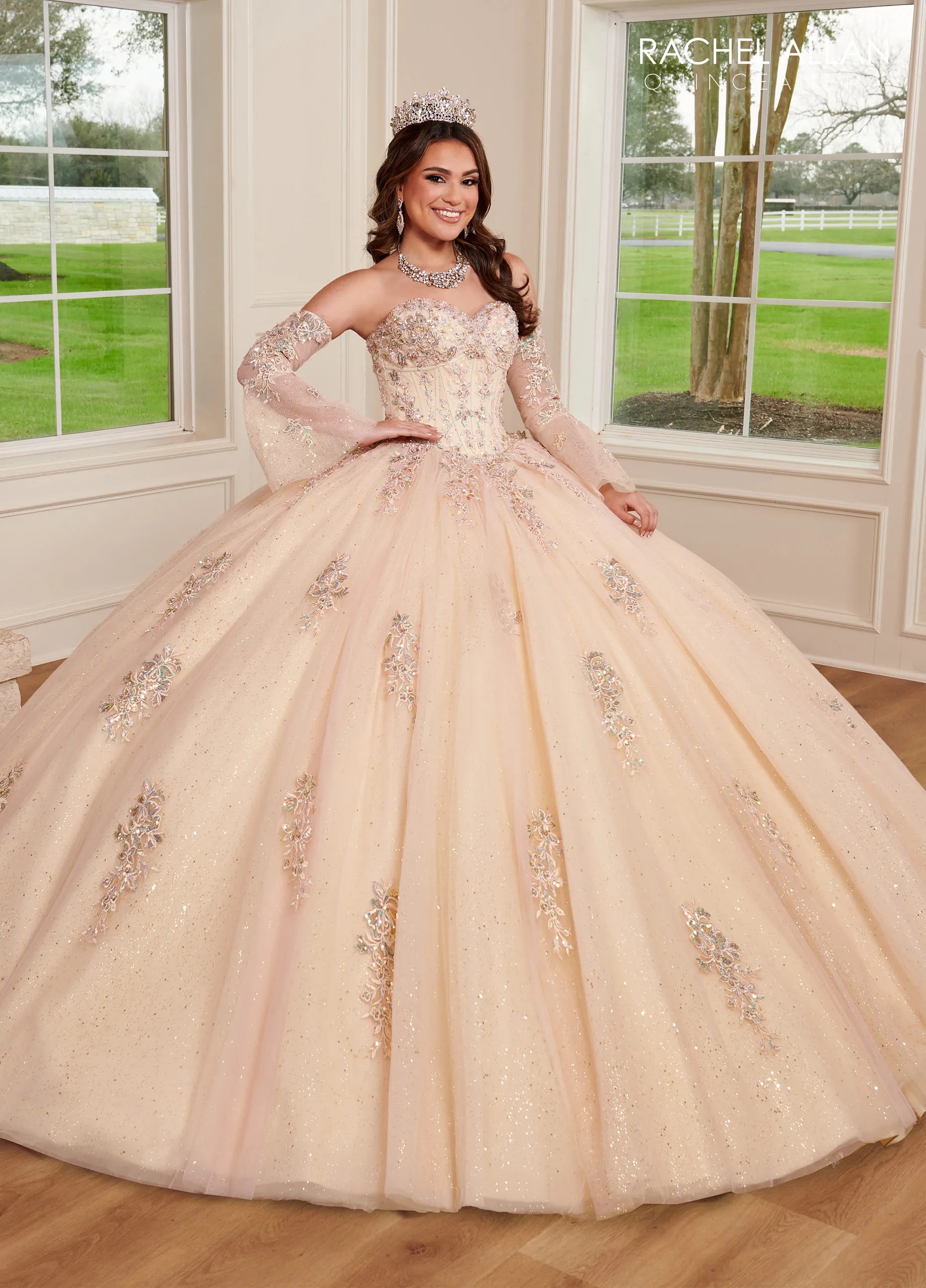 Blush Champagne Sweetheart Floor-Length Glitter Tulle Quinceanera Ball Gown with Detachable Bell Sleeves Rachel Allan RQ1120