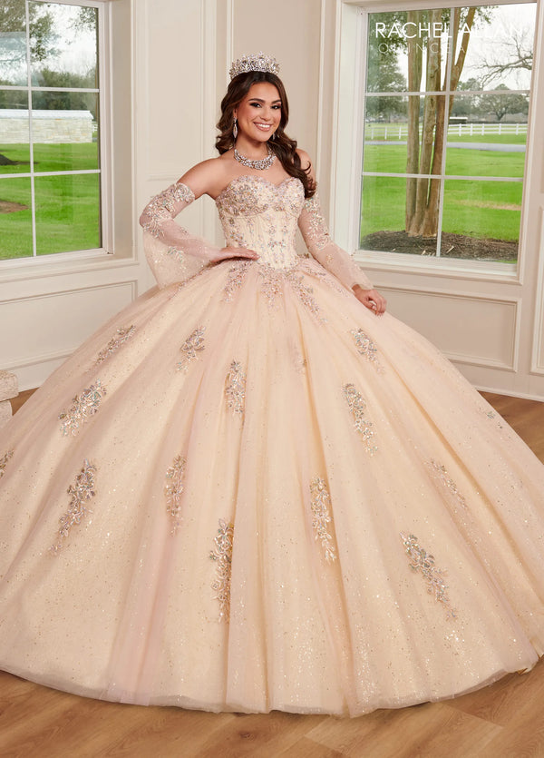 Sweetheart Floor-Length Glitter Tulle Quinceanera Ball Gown with Detachable Bell Sleeves Rachel Allan RQ1120