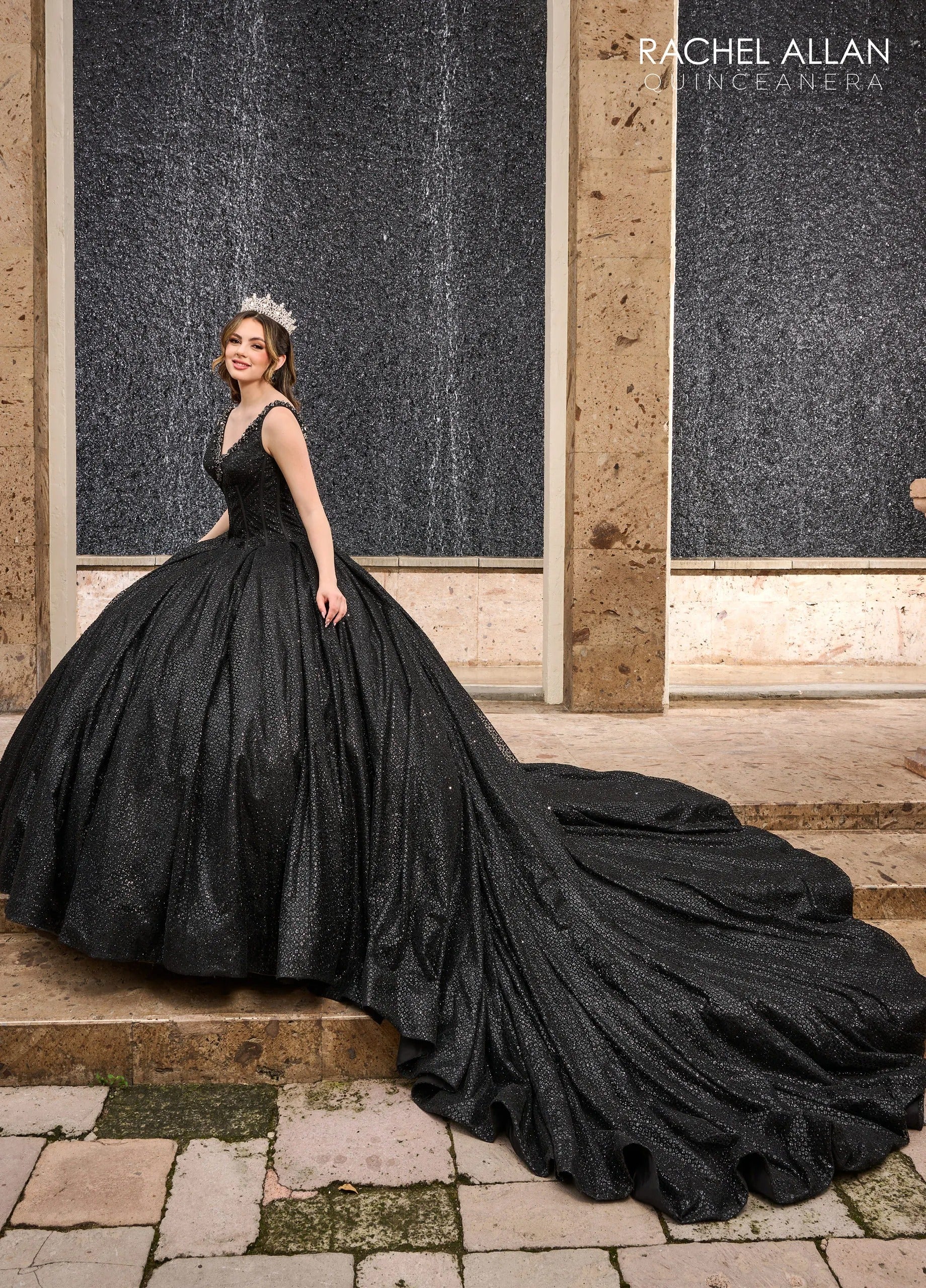 Black V Neck Floor Length Glitter Tulle Quinceanera Ball Gown with Corset Bodice and Royal Train Rachel Allan RQ1127