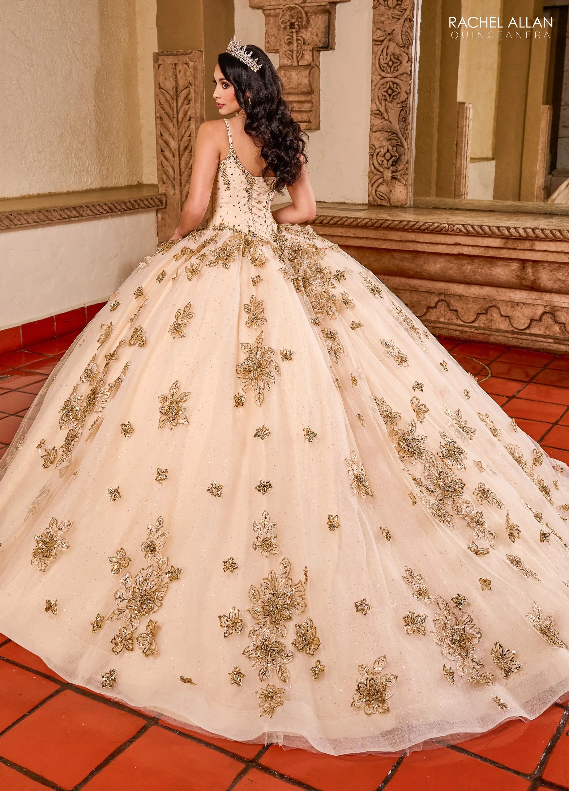 Champagne Rose Gold Sweetheart Floor Length Glitter Tulle Quinceanera Ball Gown with Embroidery Rachel Allan RQ1149