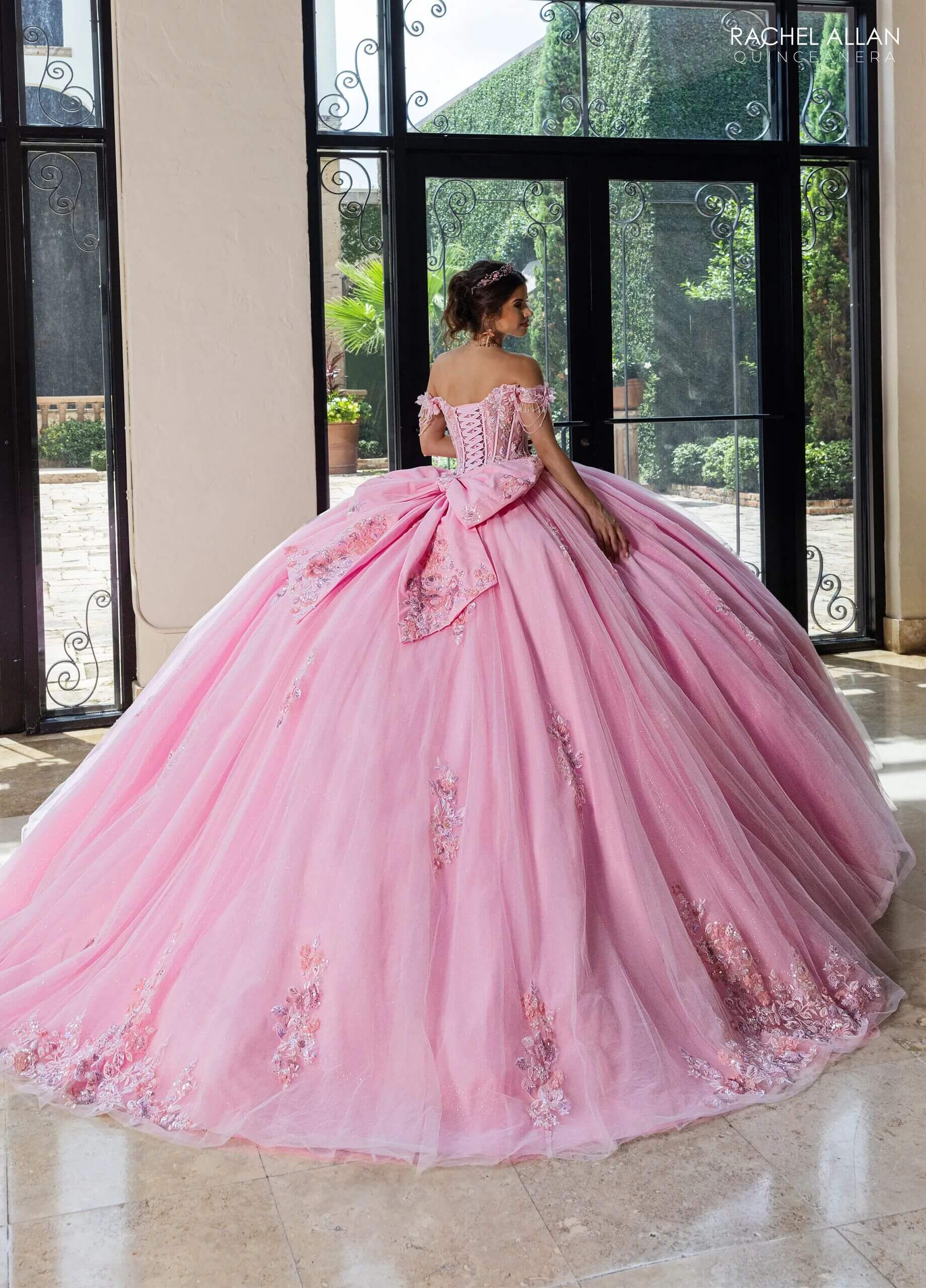 Pink Off the Shoulder Floor Length Glitter Tulle Quinceanera Ball Gown with Floral Applique Rachel Allan RQ1184
