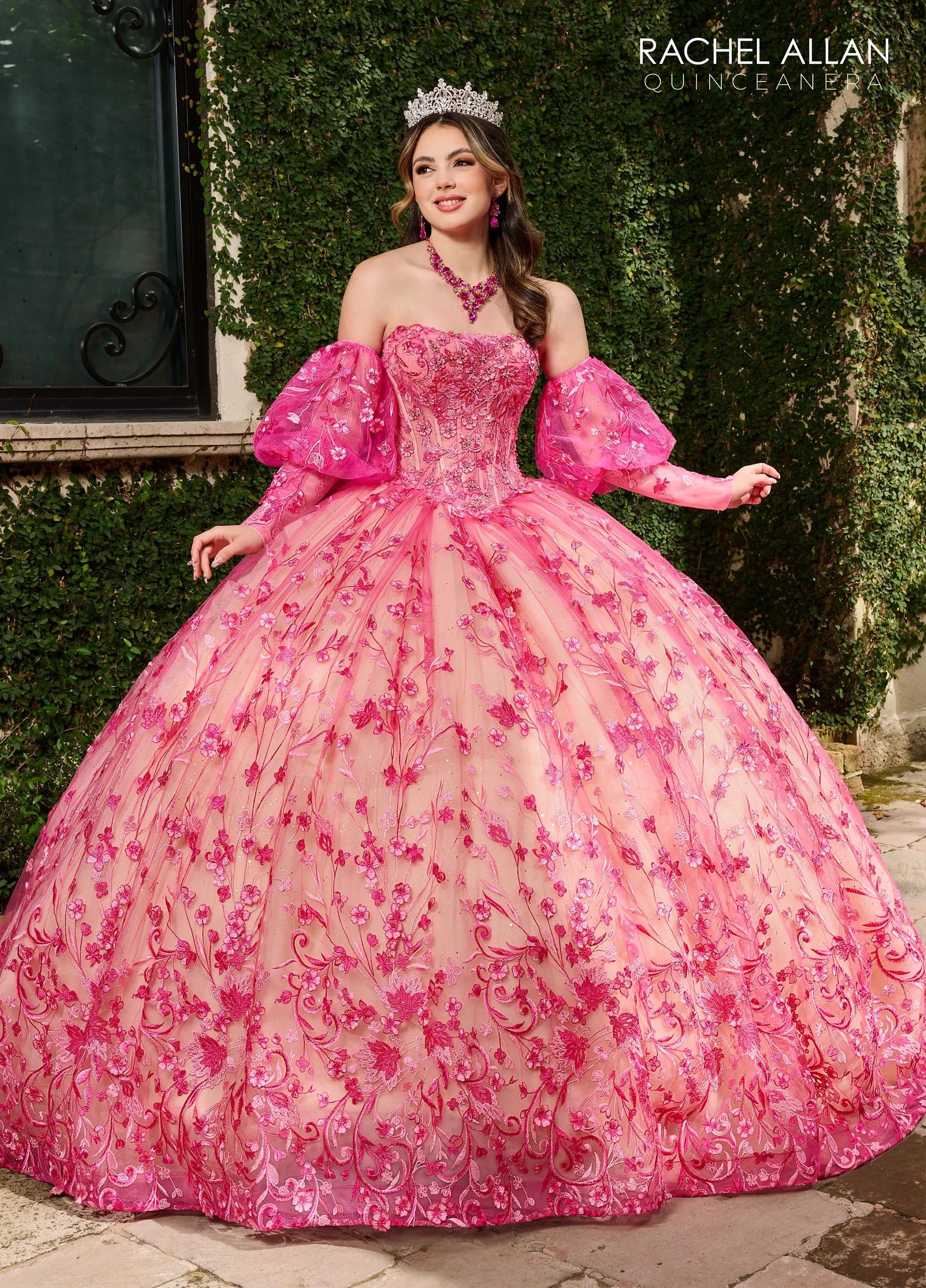 Fuchsia Champagne Sweetheart Floor-Length Glitter Tulle Quinceañera Gown with Detachable Puff Sleeves and Bolero Jacket Rachel Allan RQ1123