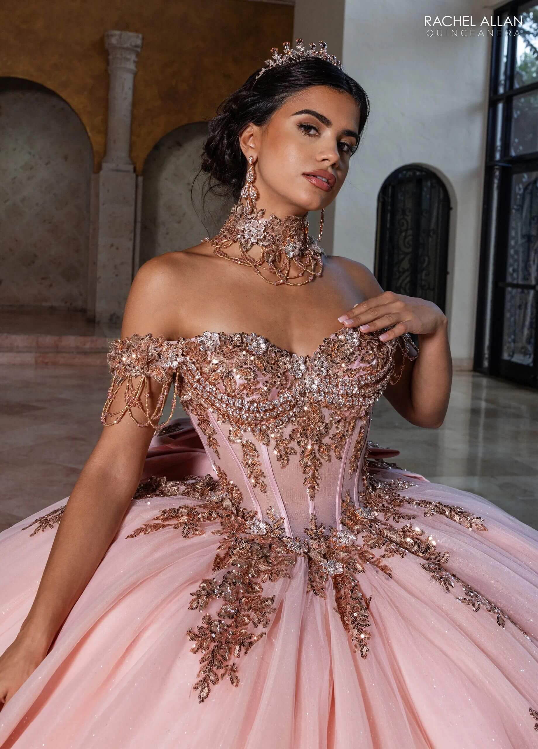Rose Gold Off the Shoulder Floor Length Glitter Tulle Quinceanera Ball Gown Rachel Allan RQ1183