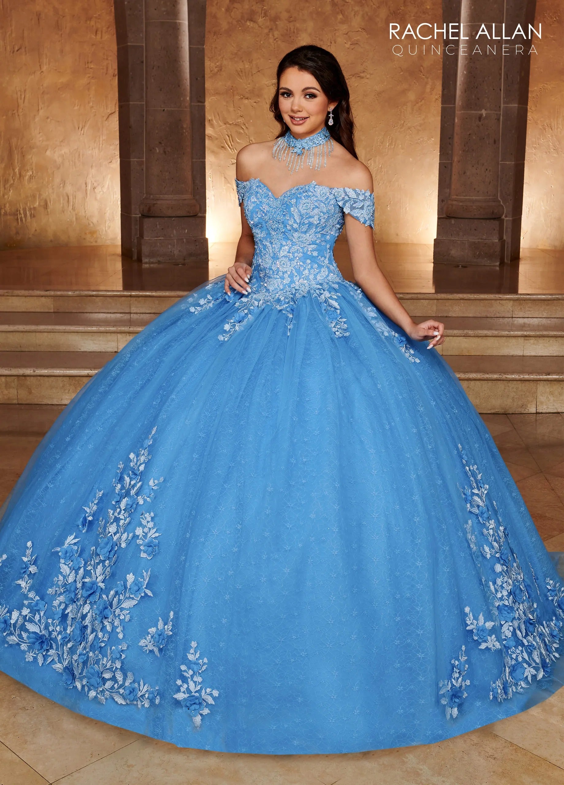Azure Off-the-Shoulder Floor-Length Glitter Tulle Quinceanera Ball Gown with Lace Applique Rachel Allan RQ1112