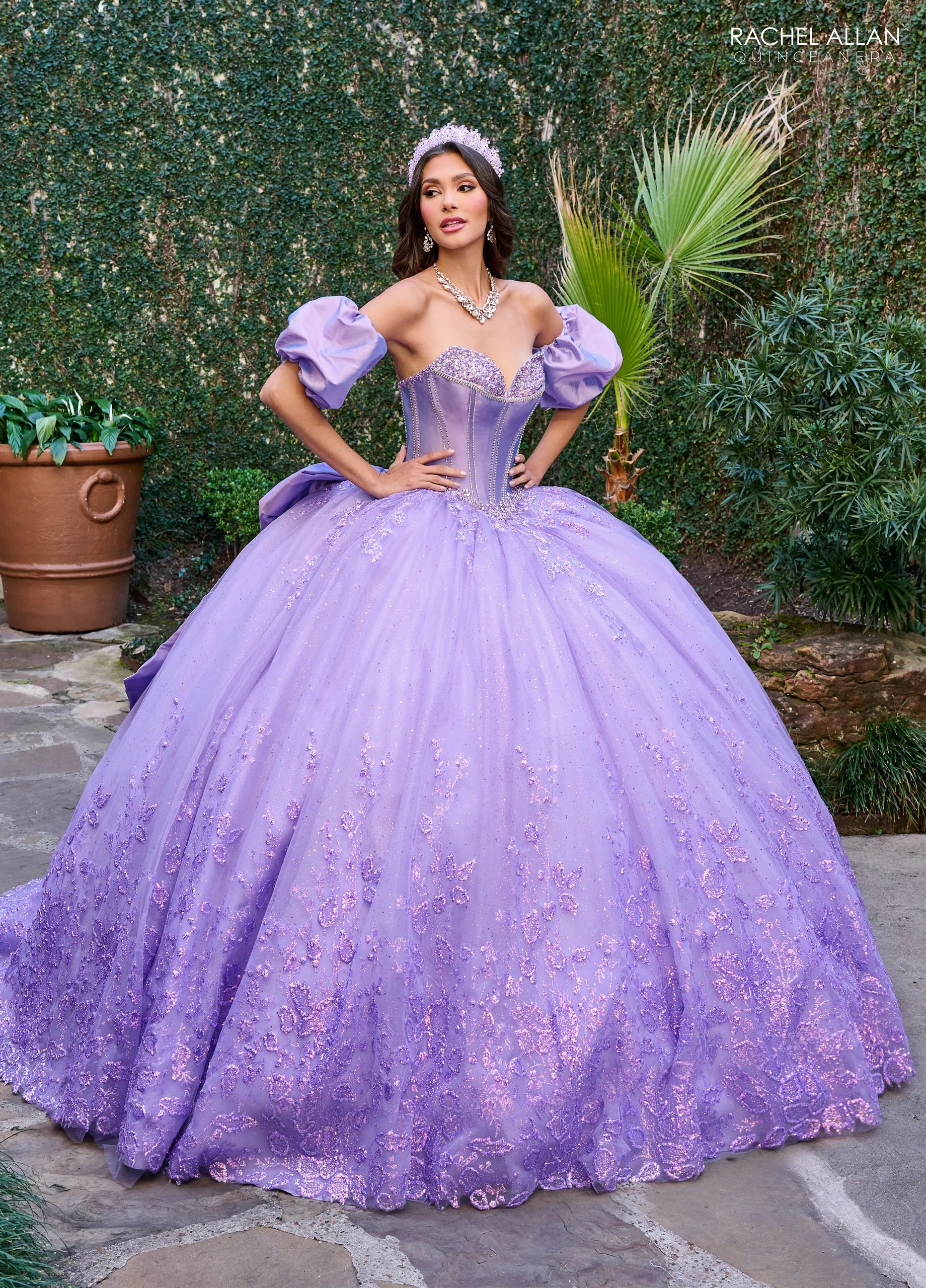 Lilac Sweetheart Floor Length Tulle Quinceanera Ball Gown with Puff Sleeves Rachel Allan RQ1142