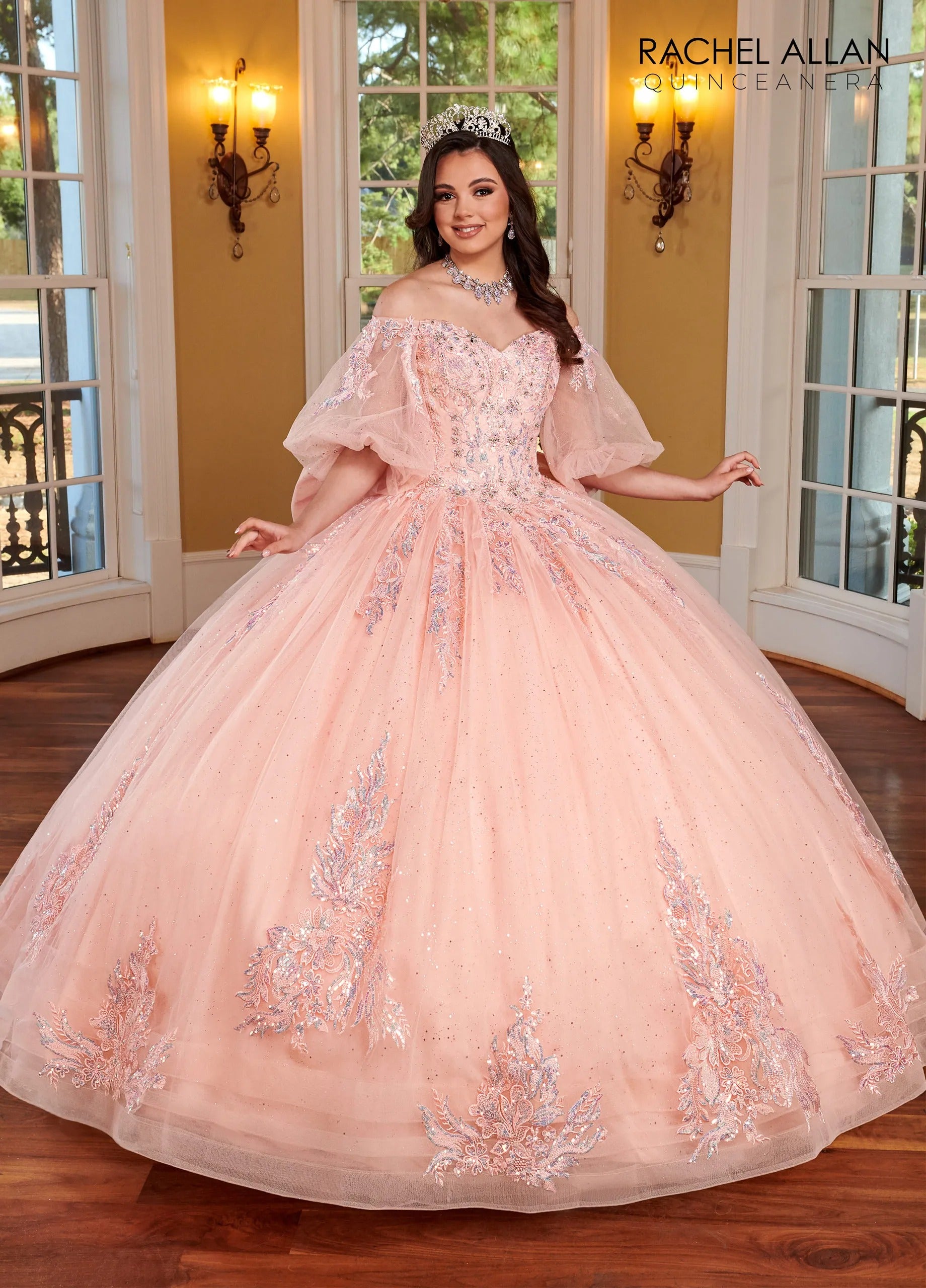 Blush Off the Shoulder Floor Length Glitter Tulle Quinceanera Ball Gown with Puff Sleeves Rachel Allan RQ1110
