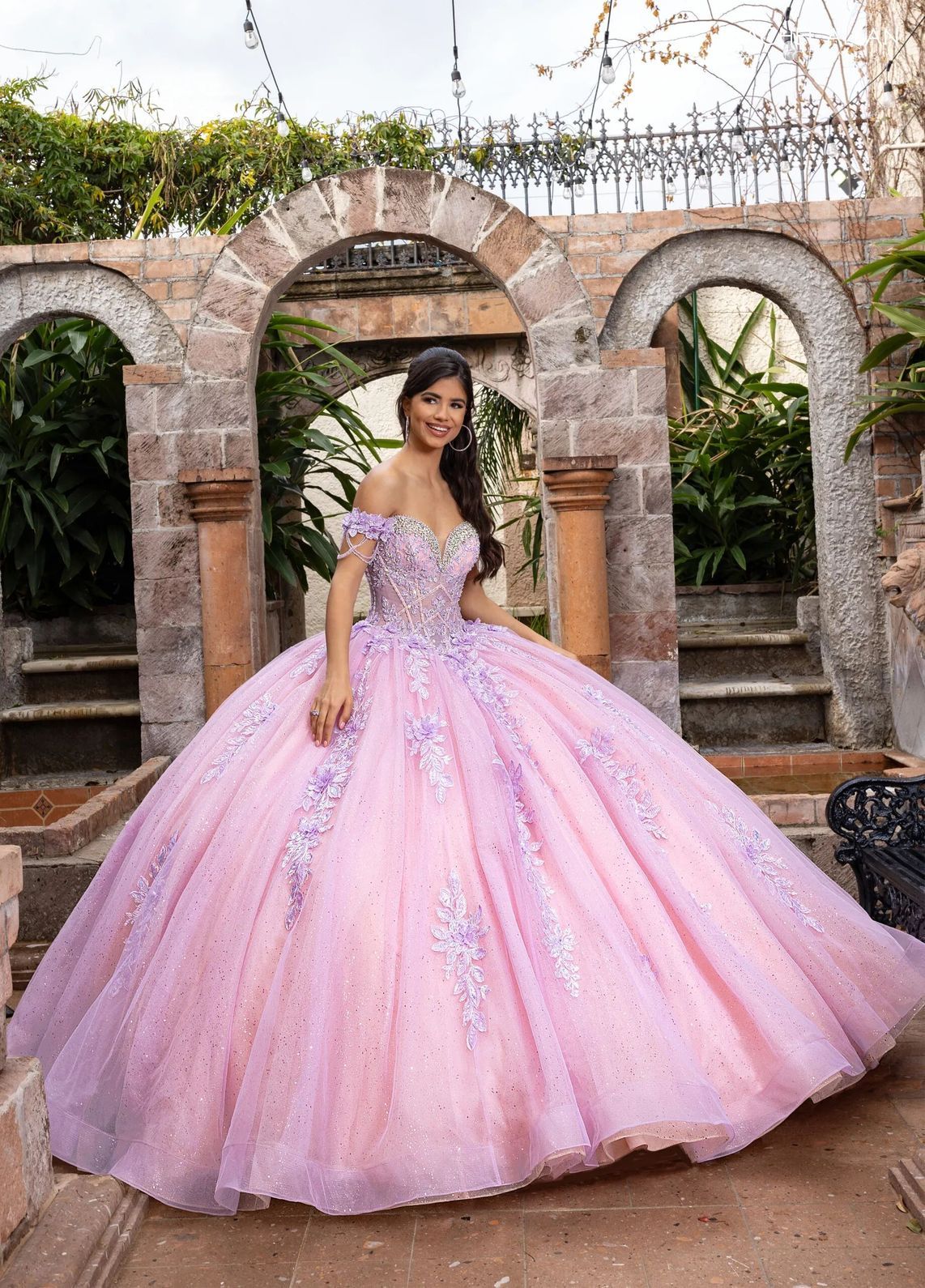 Lilac Pink Sweetheart Floor Length Glitter Tulle Quinceanera Ball Gown with Floral Applique Rachel Allan RQ1166