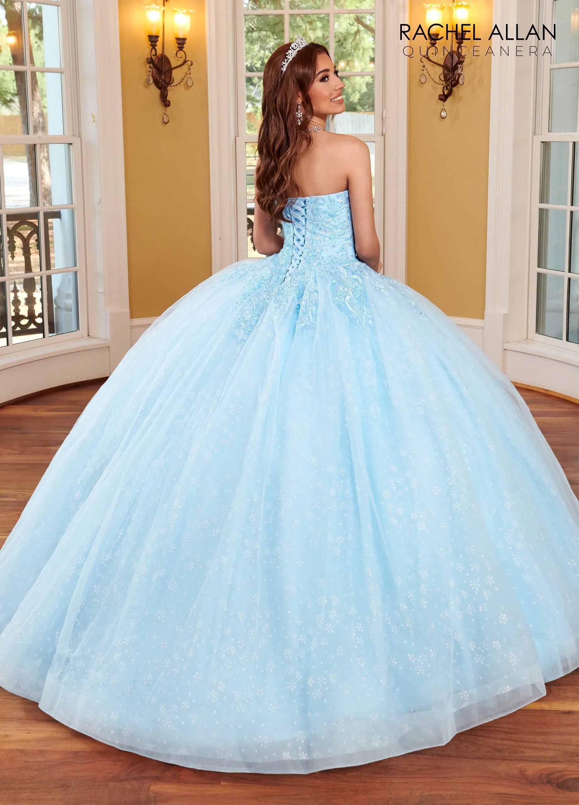 Light Blue Sweetheart Glitter Tulle Quinceanera Ball Gown with Bead Embellishments Rachel Allan RQ1116