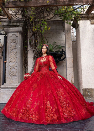 High Neck Floor Length Glitter Tulle Quinceanera Ball Gown with Detachable Sleeves Rachel Allan RQ1172