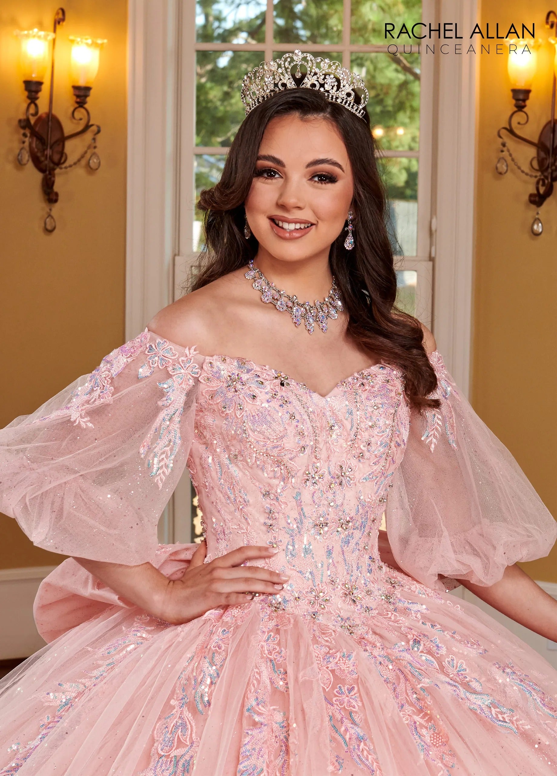 Blush Off the Shoulder Floor Length Glitter Tulle Quinceanera Ball Gown with Puff Sleeves Rachel Allan RQ1110