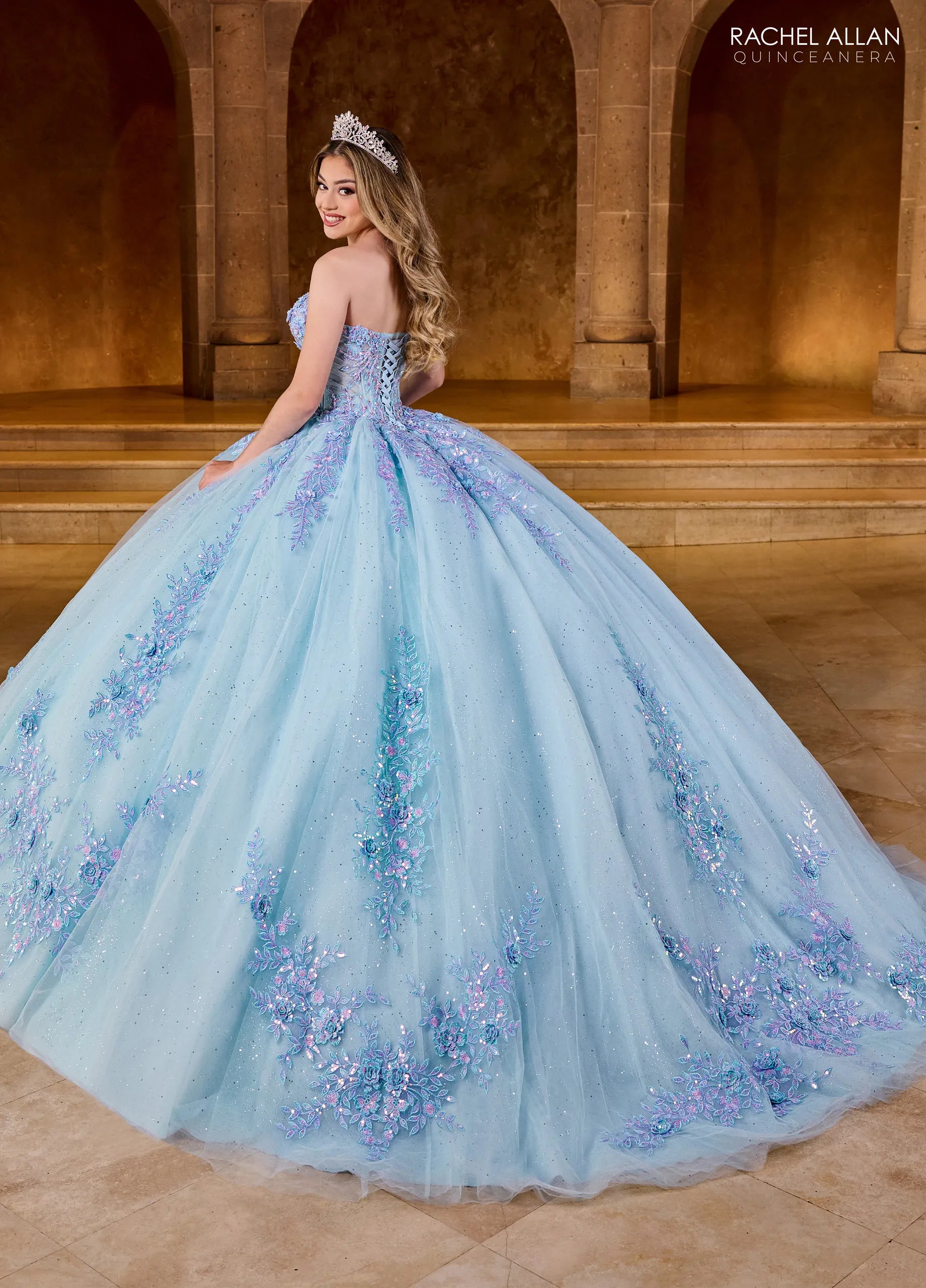 Light Blue Multi Sweetheart Floor Length Tulle Quinceanera Ball Gown with Floral Applique Rachel Allan RQ1148