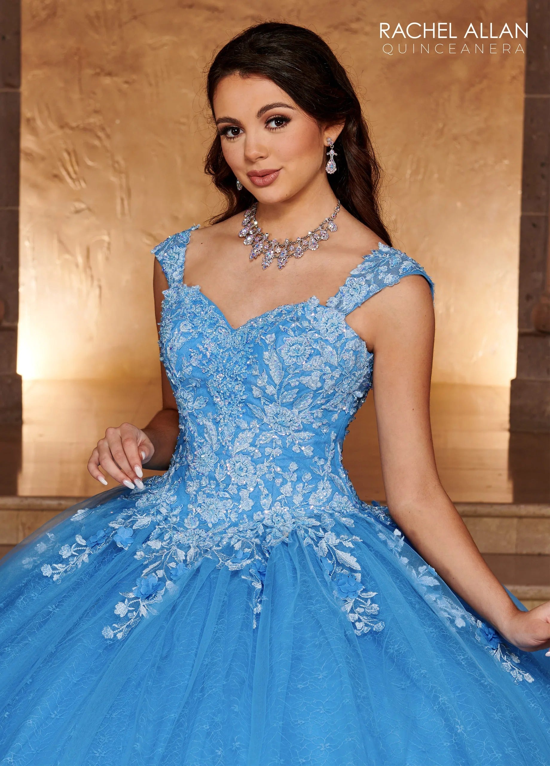 Azure Off-the-Shoulder Floor-Length Glitter Tulle Quinceanera Ball Gown with Lace Applique Rachel Allan RQ1112
