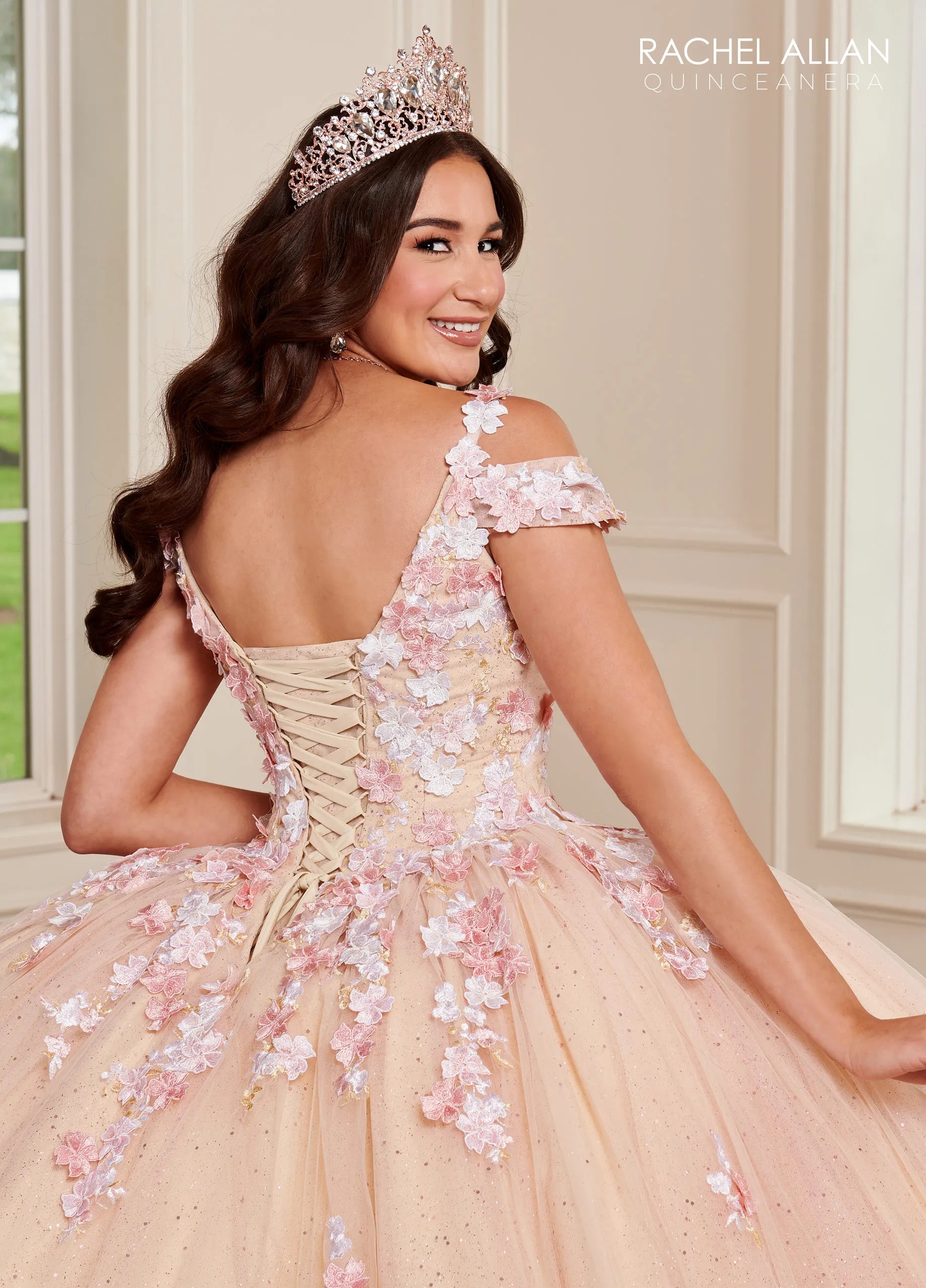 V-Neck Floor-Length Glitter Tulle Quinceanera Ball Gown with 3D Flowers Rachel Allan RQ1125