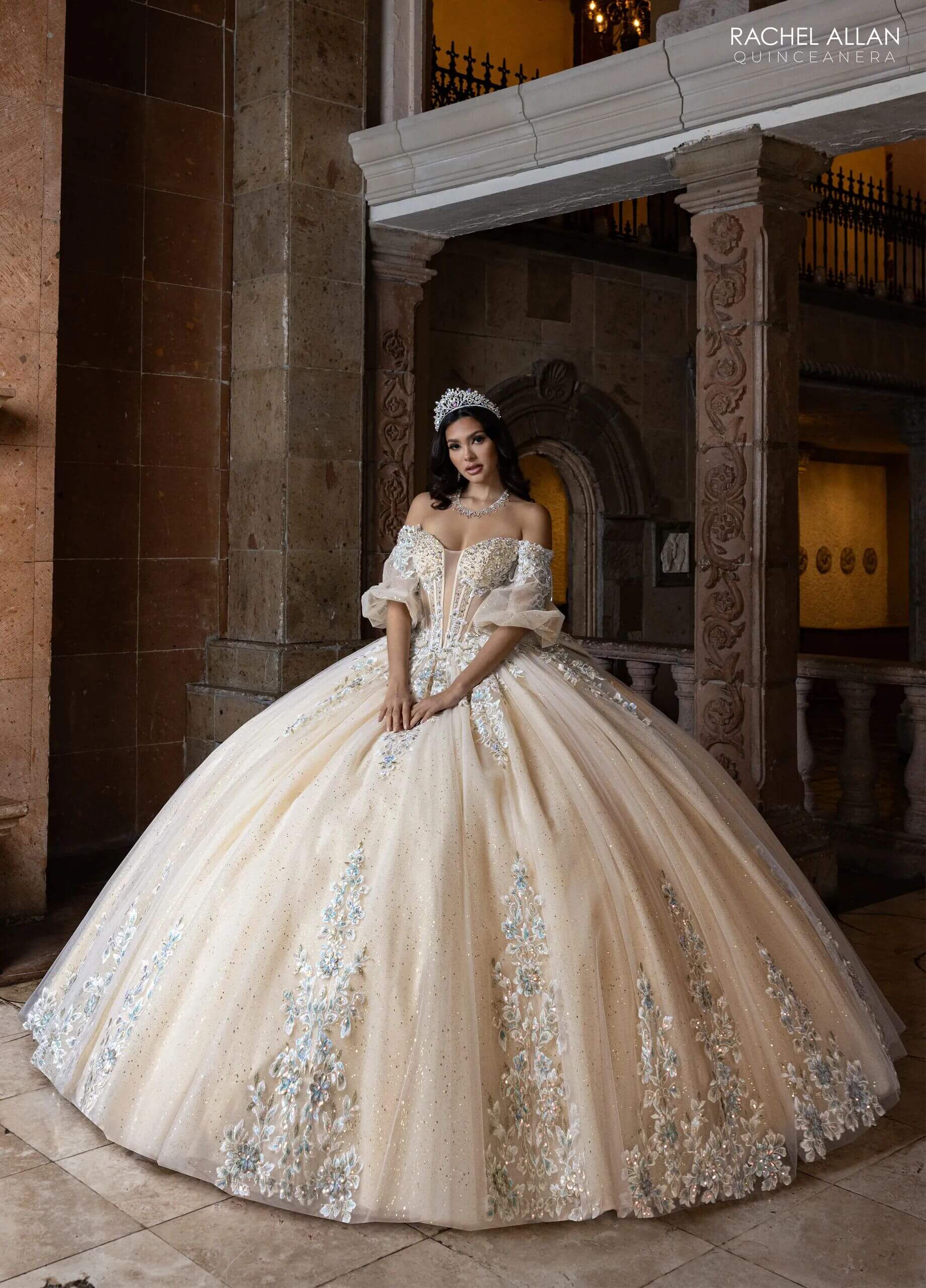 Ivory Champagne Sweetheart Floor Length Glitter Tulle Quinceanera Ball Gown with Detachable Puff Sleeves and Bow Rachel Allan RQ1165