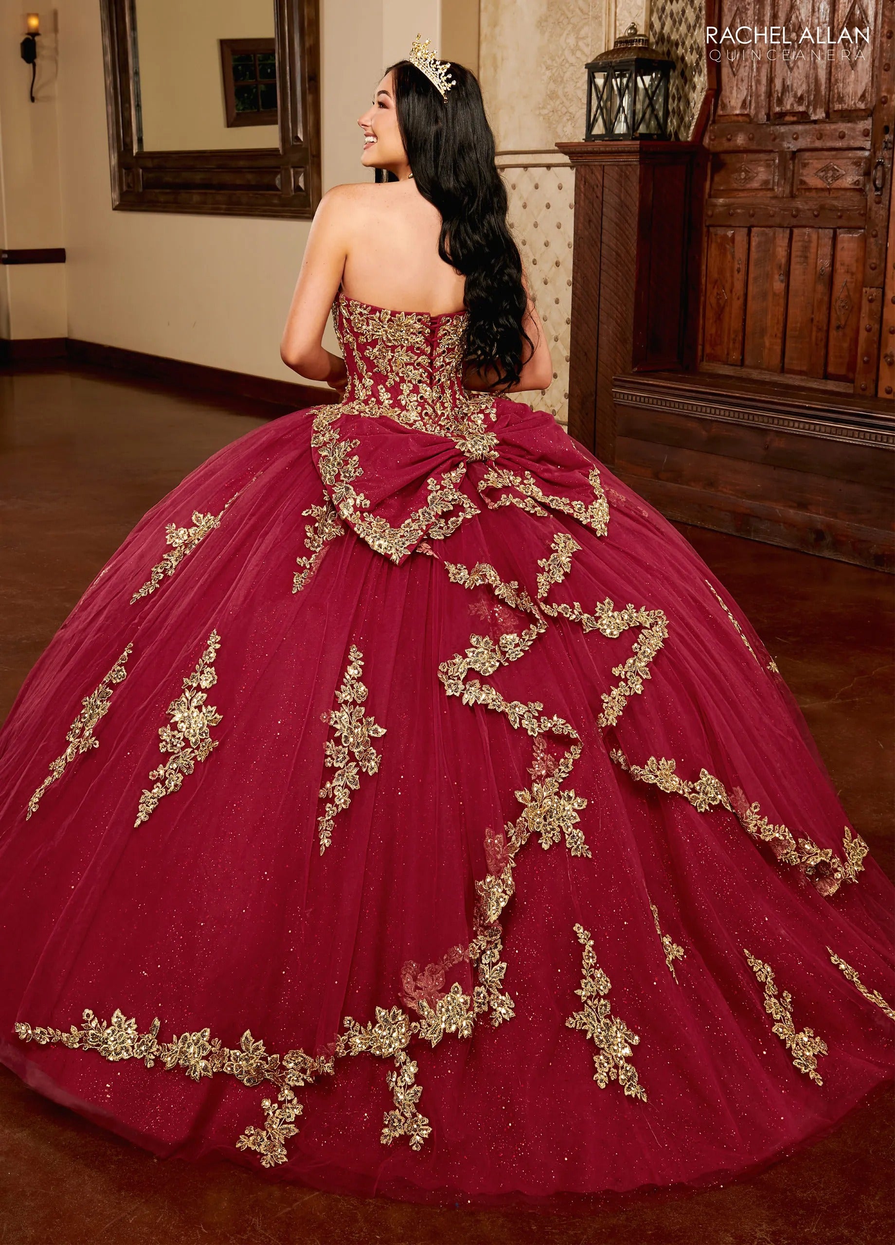 Burgundy Gold Sweetheart Floor Length Glitter Tulle Quinceanera Ball Gown with Corset Back Rachel Allan MQ1109