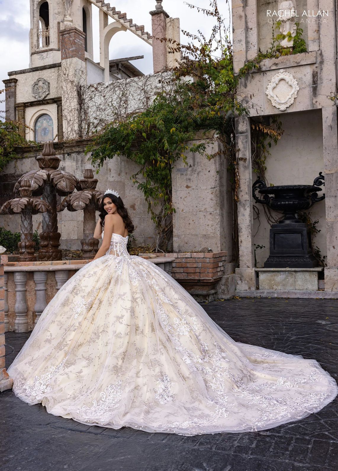 Ivory Champagne High Neck Floor Length Glitter Tulle Quinceanera Ball Gown with Detachable Sleeves Rachel Allan RQ1172