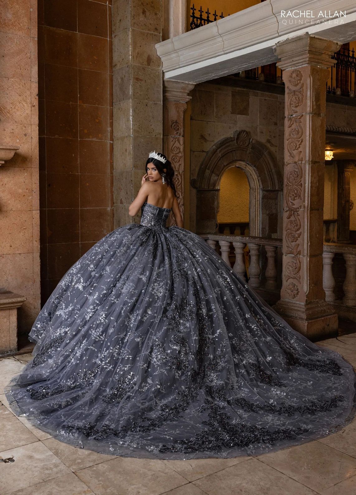 Gunmetal Silver High Neck Floor Length Glitter Tulle Quinceanera Ball Gown with Detachable Sleeves Rachel Allan RQ1172