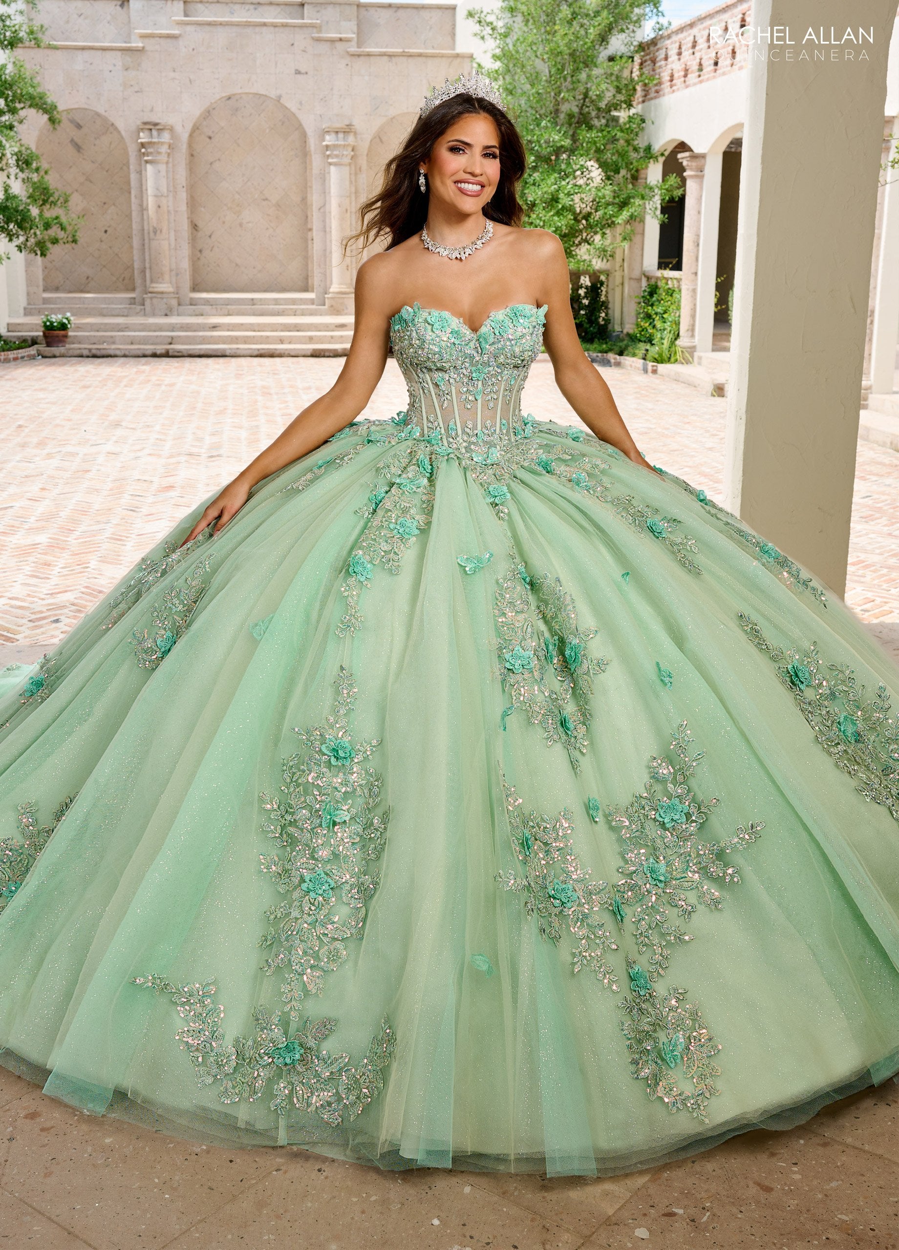 Rachel Allan RQ1155 Long Ball Gown Lace Floral Glitter Quinceanera Dress