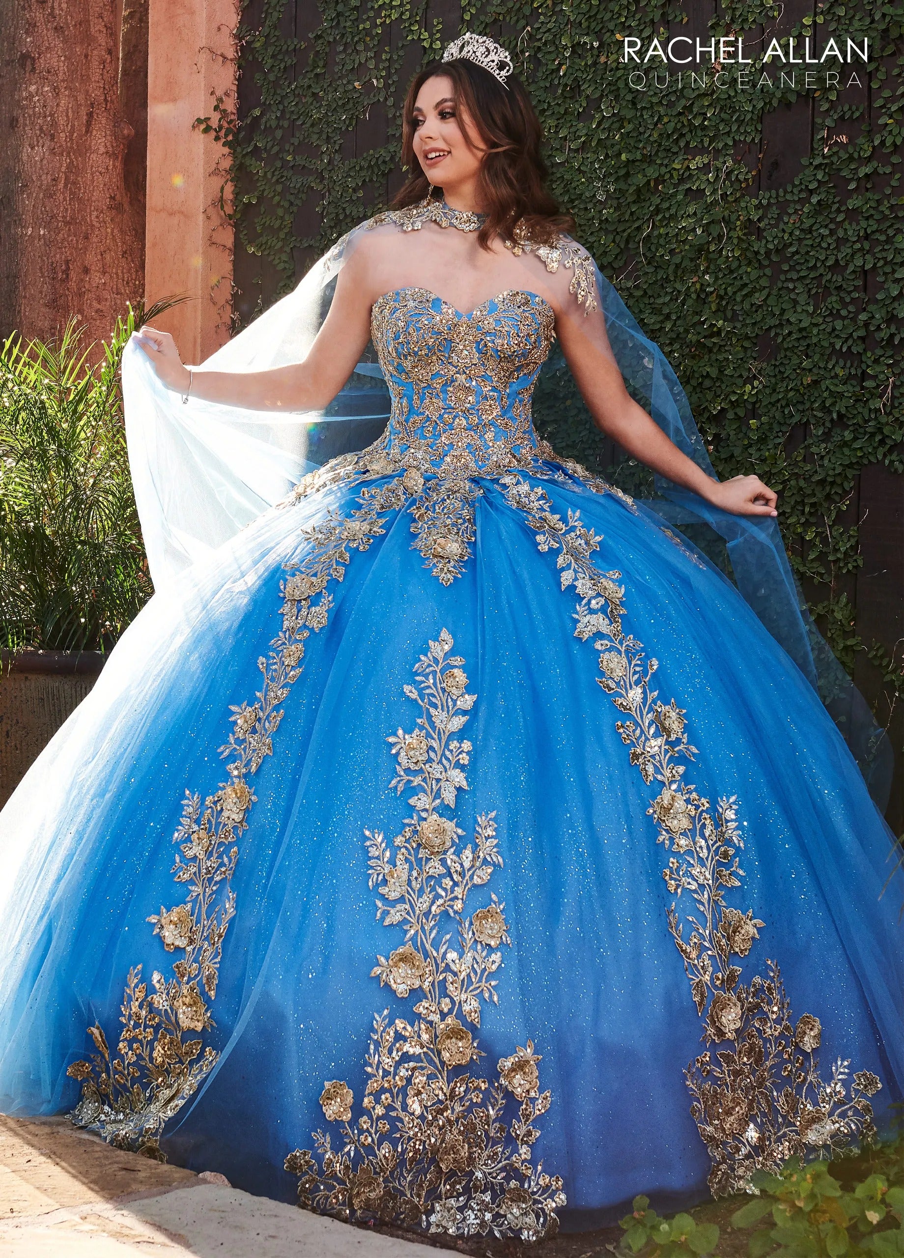Azure Gold Sweetheart Floor Length Glitter Tulle Quinceanera Ball Gown with Detachable Cape Rachel Allan RQ1111