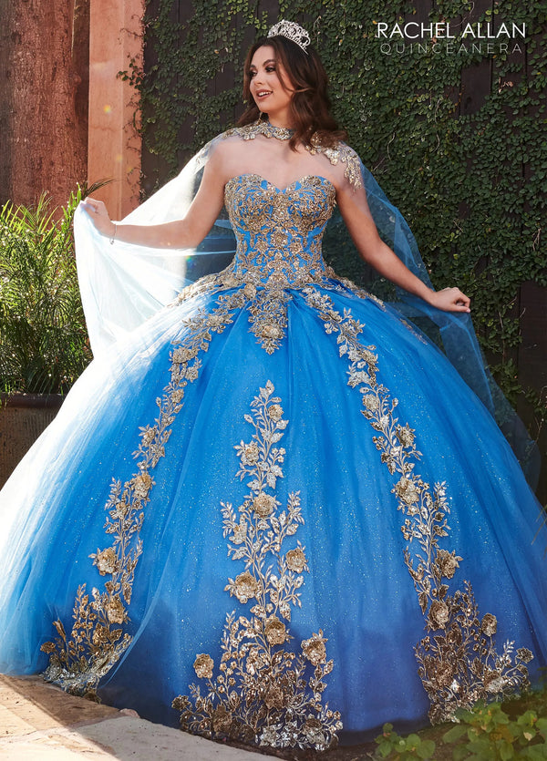 Sweetheart Floor Length Glitter Tulle Quinceanera Ball Gown with Detachable Cape Rachel Allan RQ1111