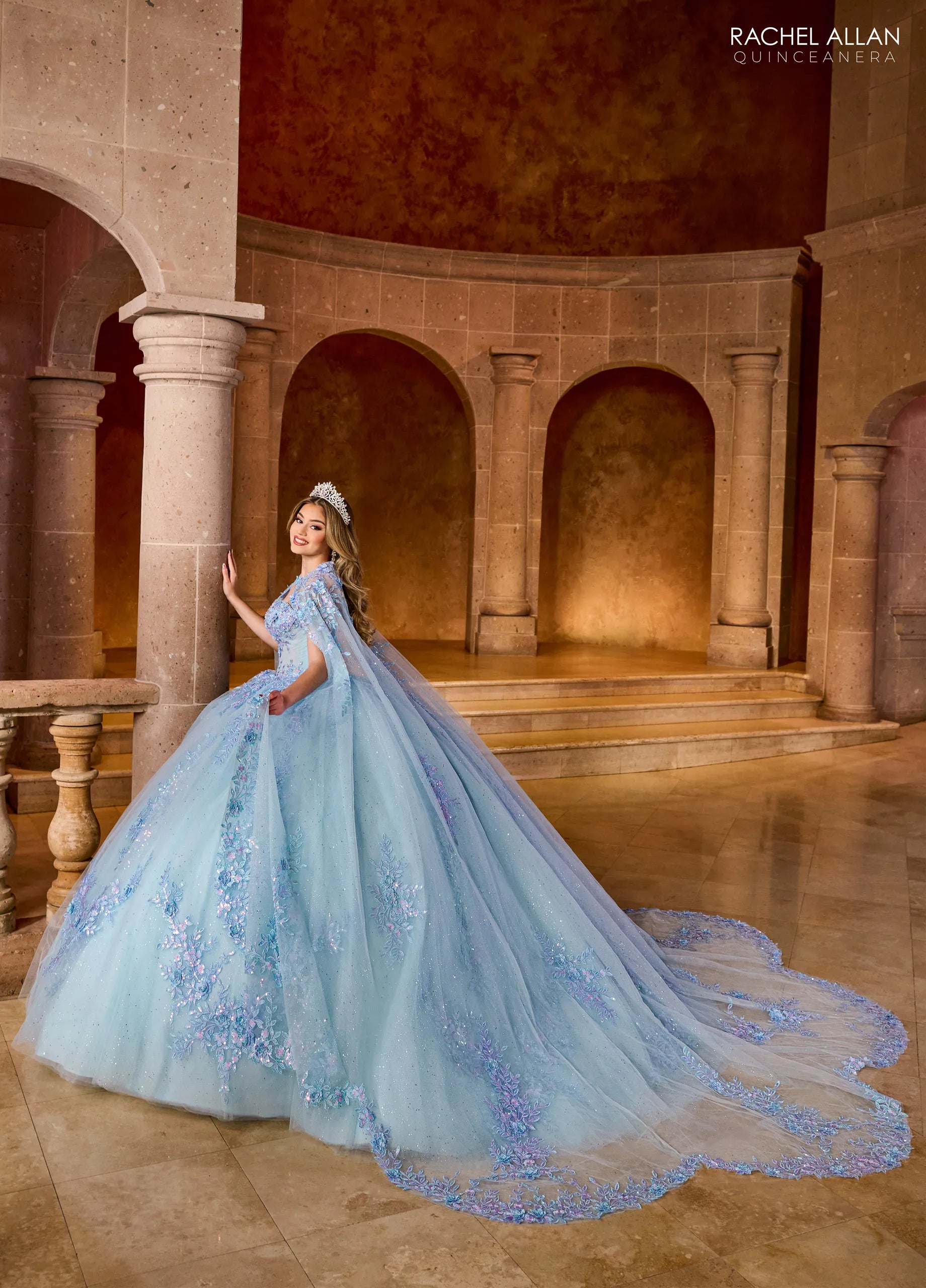 Light Blue Multi Sweetheart Floor Length Tulle Quinceanera Ball Gown with Floral Applique Rachel Allan RQ1148