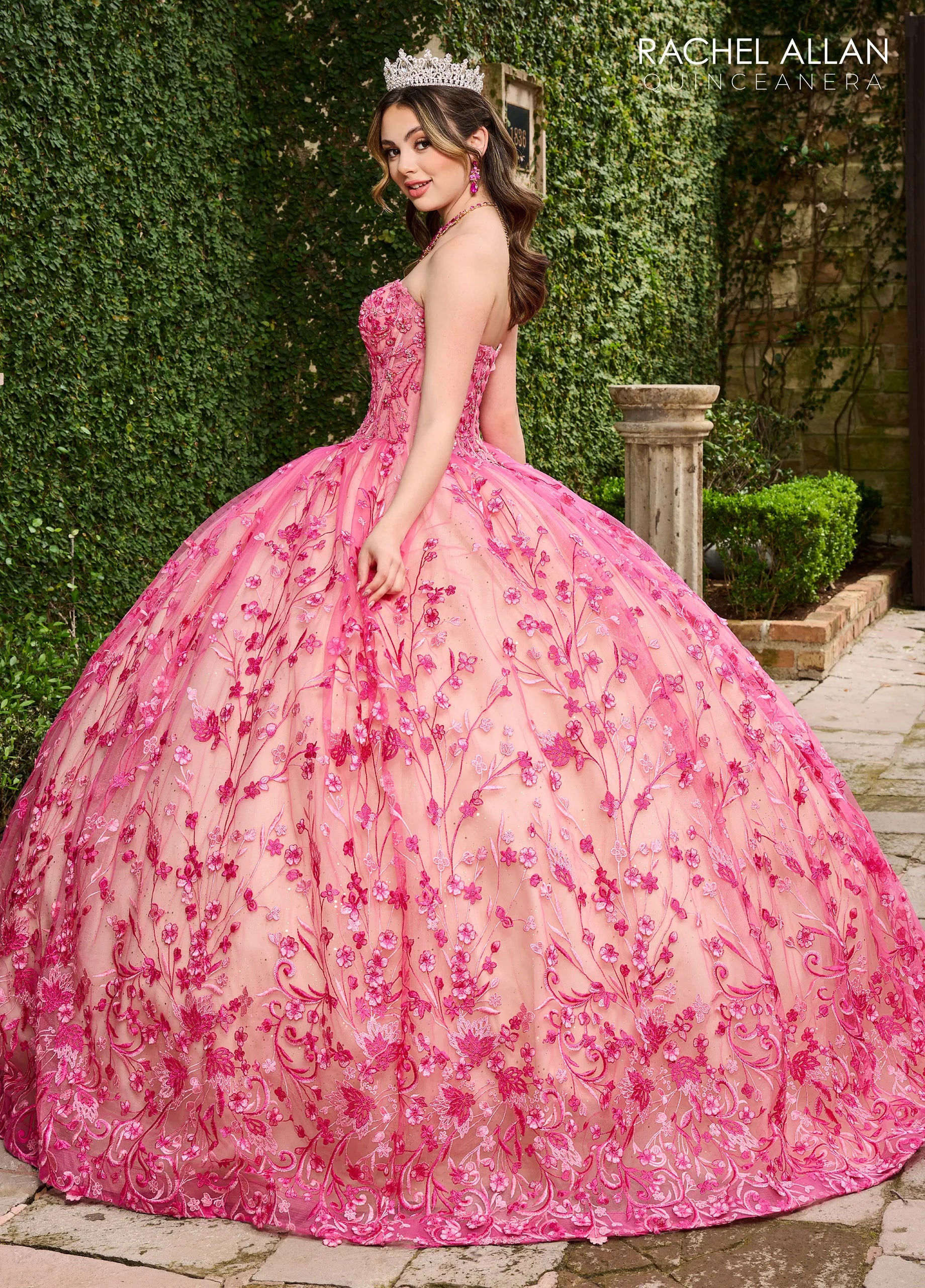 Fuchsia Champagne Sweetheart Floor-Length Glitter Tulle Quinceañera Gown with Detachable Puff Sleeves and Bolero Jacket Rachel Allan RQ1123