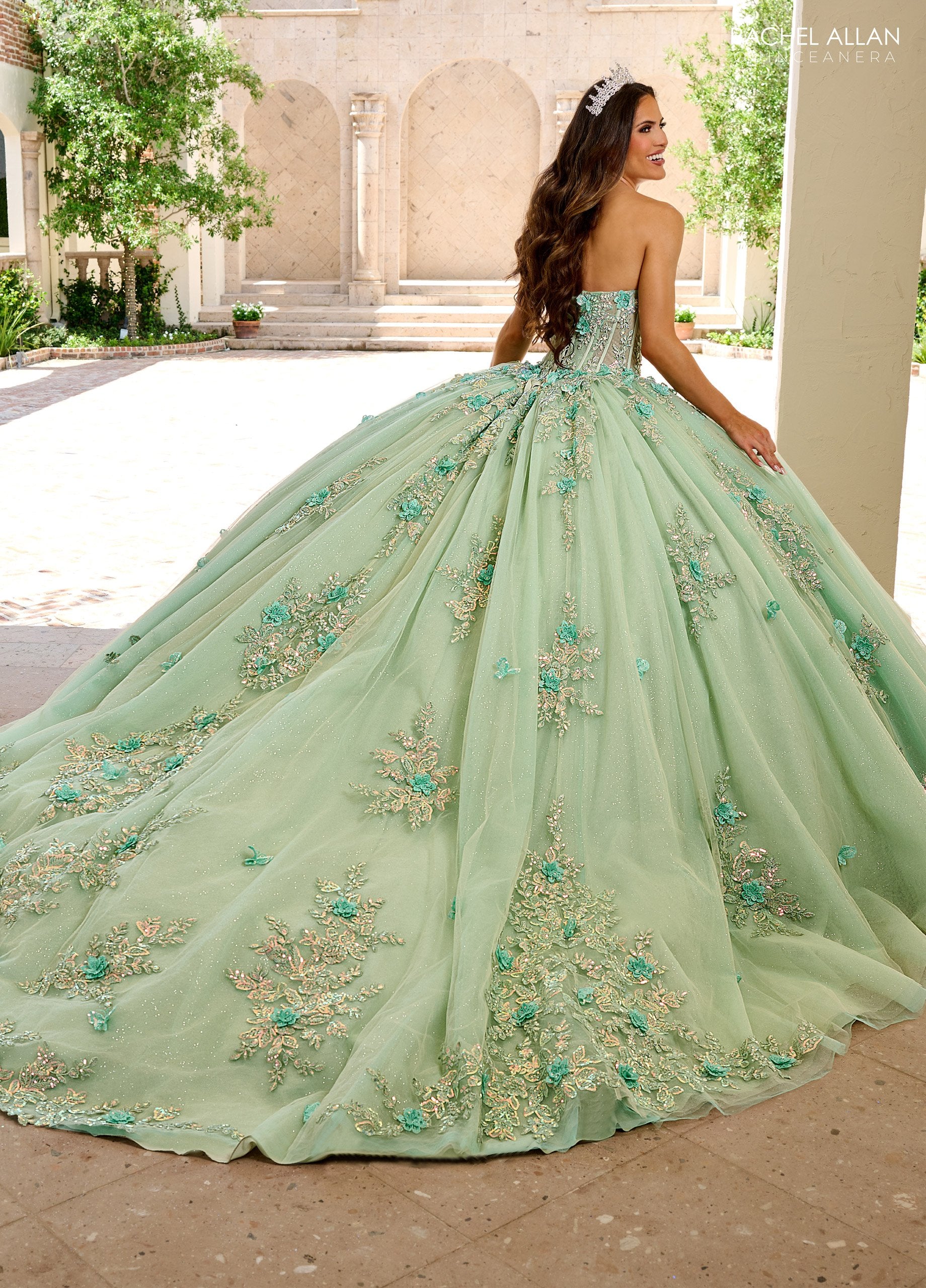 Rachel Allan RQ1155 Long Ball Gown Lace Floral Glitter Quinceanera Dress - Sage Mint / 20