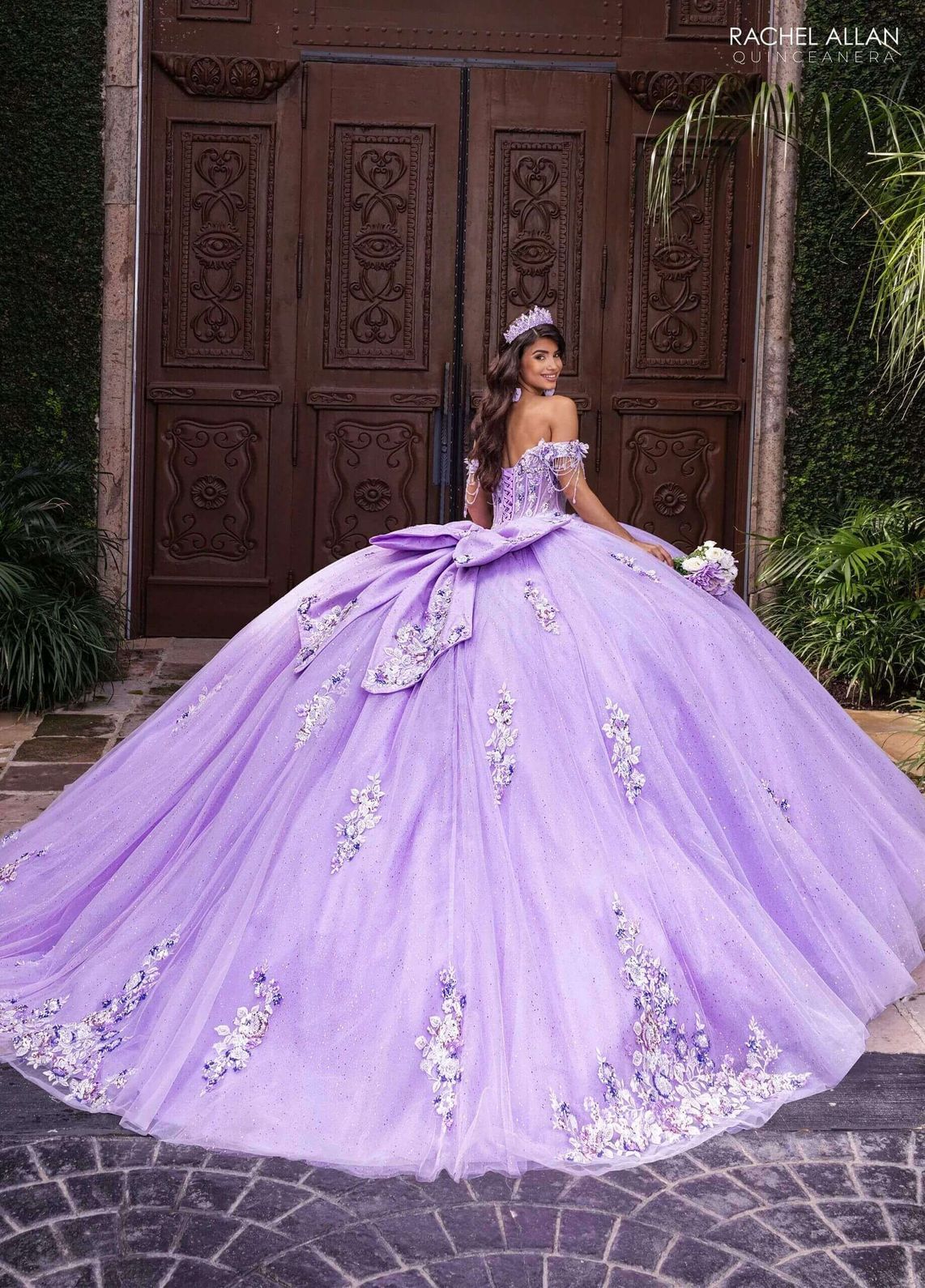 Lilac Multi Off the Shoulder Floor Length Glitter Tulle Quinceanera Ball Gown with Floral Applique Rachel Allan RQ1184