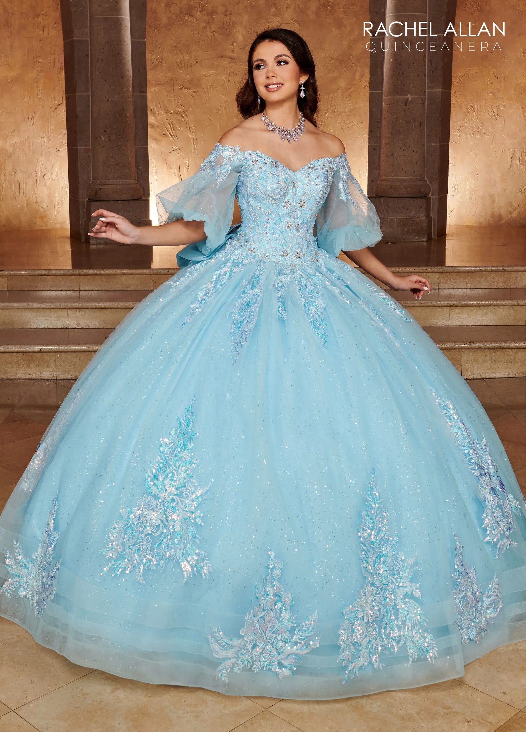 Light Blue Off the Shoulder Floor Length Glitter Tulle Quinceanera Ball Gown with Puff Sleeves Rachel Allan RQ1110