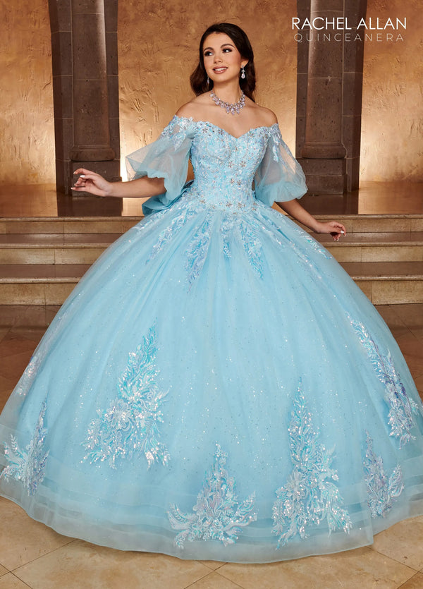 Off the Shoulder Floor Length Glitter Tulle Quinceanera Ball Gown with Puff Sleeves Rachel Allan RQ1110