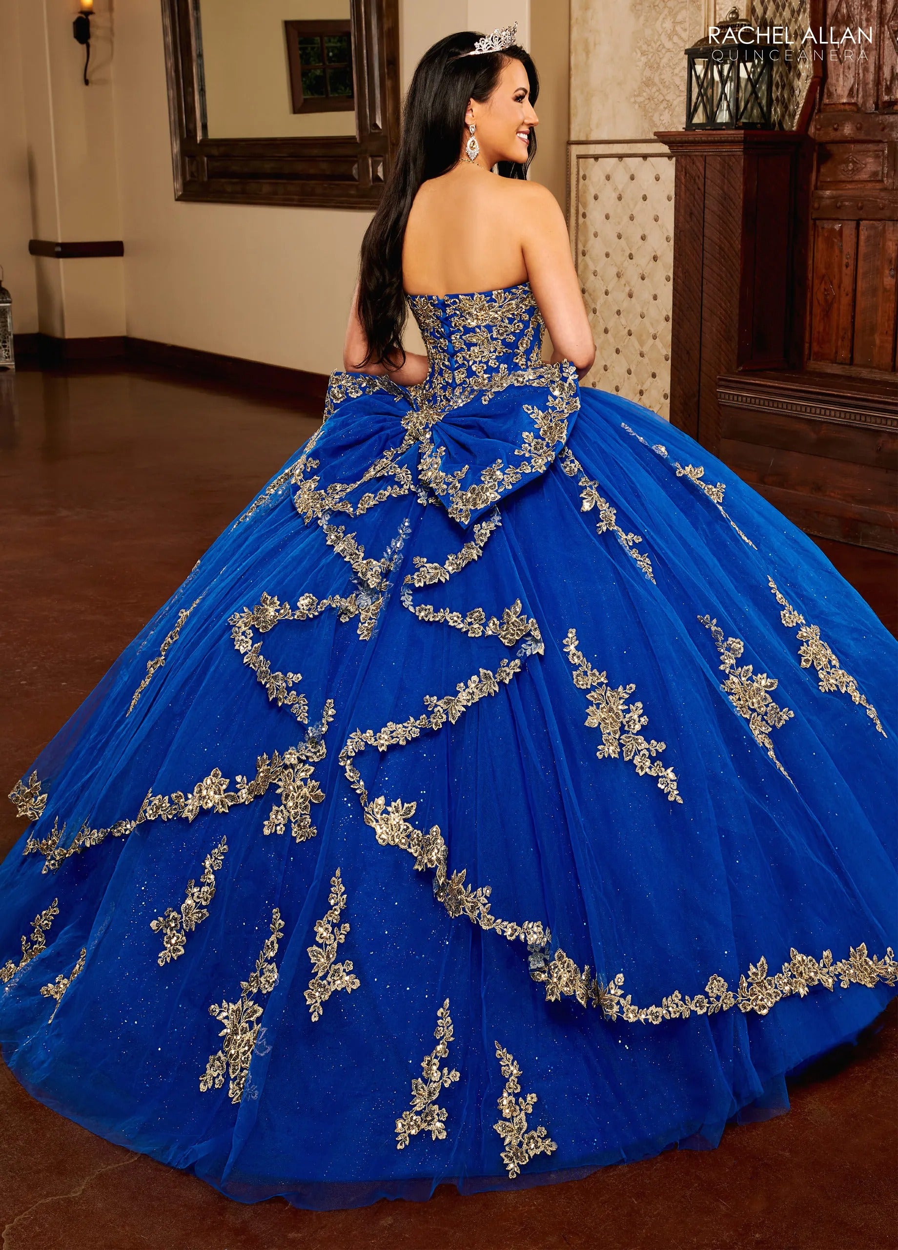 Royal Gold Sweetheart Floor Length Glitter Tulle Quinceanera Ball Gown with Corset Back Rachel Allan MQ1109