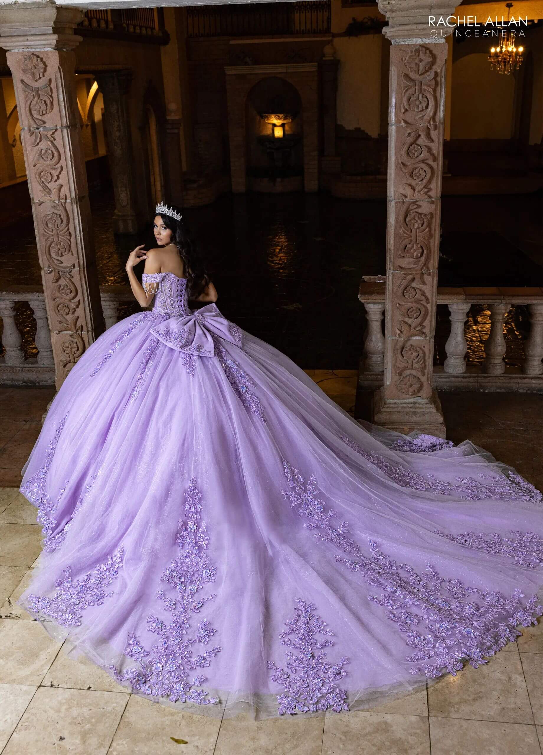 Ivory Lilac Sweetheart Floor Length Glitter Tulle Quinceanera Ball Gown with Detachable Puff Sleeves and Bow Rachel Allan RQ1165