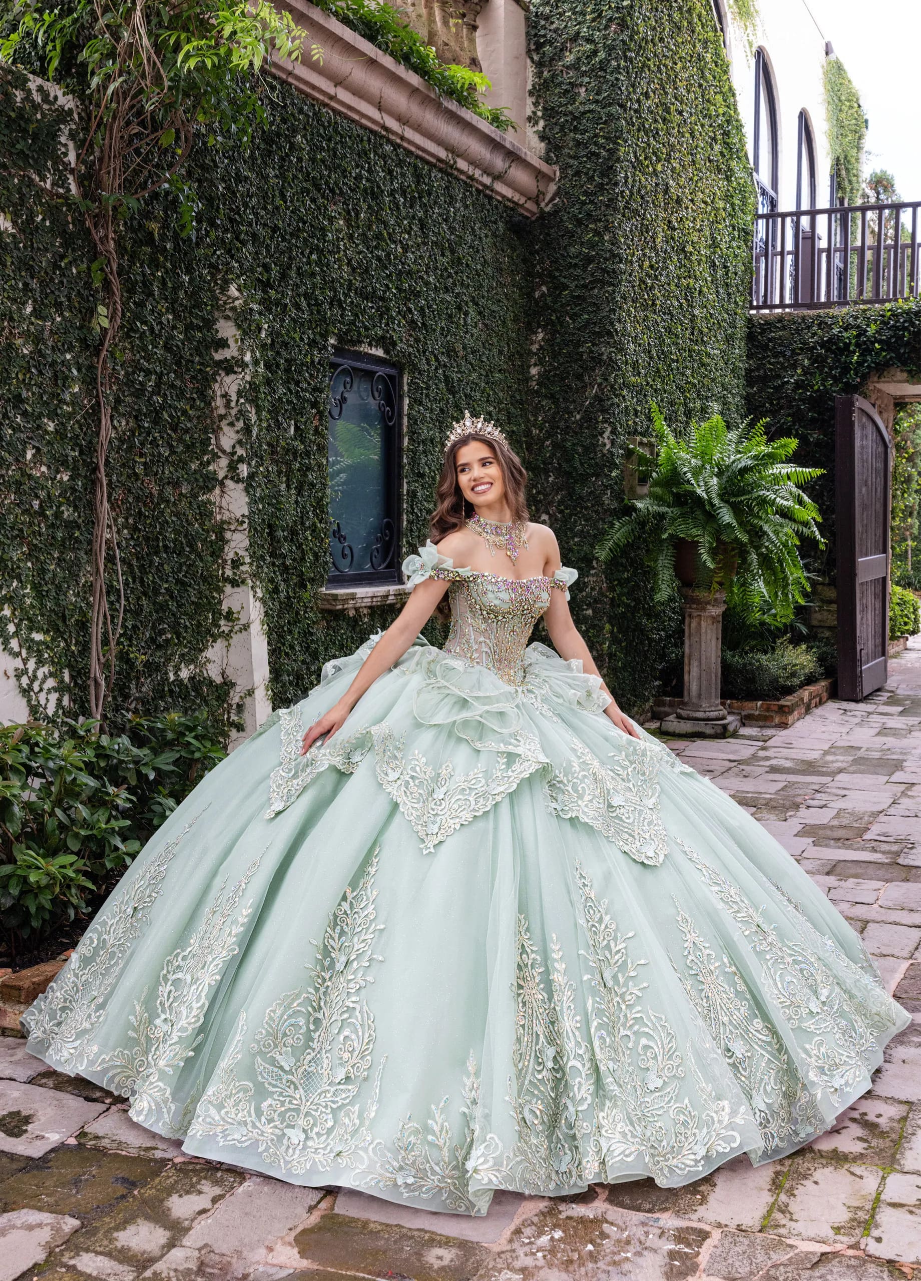 Sage Off the Shoulder Floor-Length Glitter Tulle Quinceanera Ball-Gown with Detachable Bow Rachel Allan RQ1180