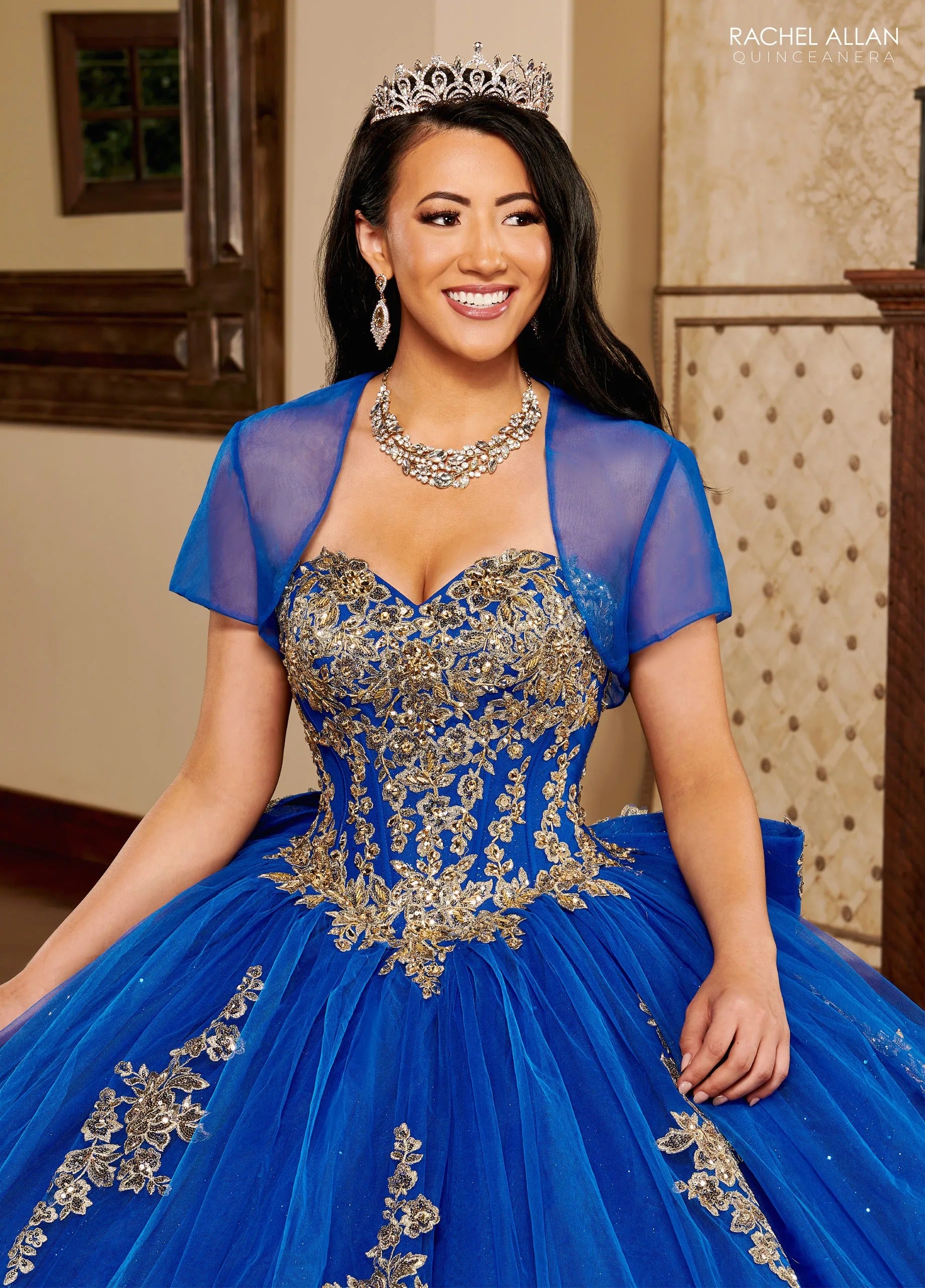 Royal Gold Sweetheart Floor Length Glitter Tulle Quinceanera Ball Gown with Corset Back Rachel Allan MQ1109
