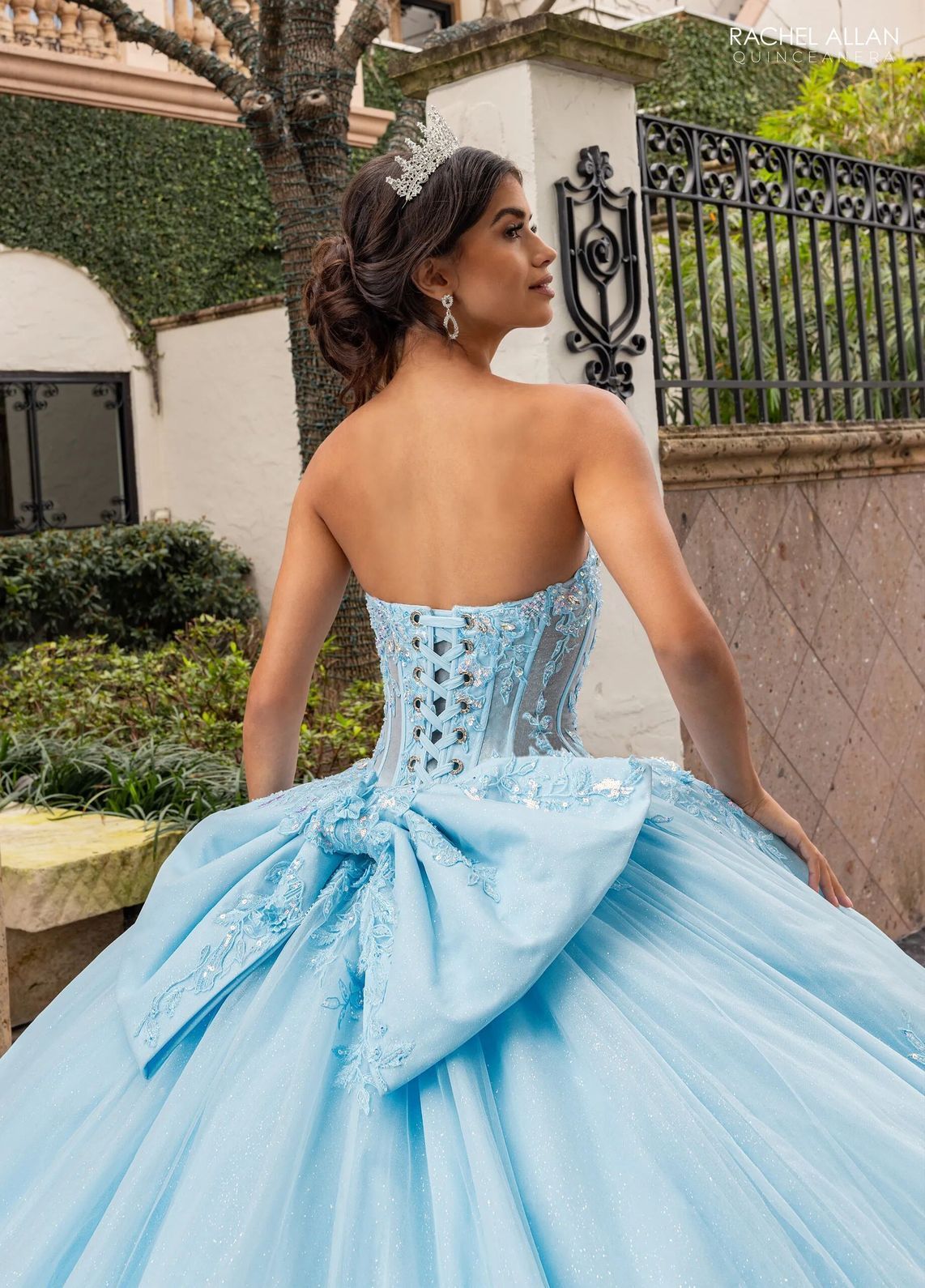 Light Blue Sweetheart Floor Length Glitter Tulle Quinceanera Ball Gown with 3D Floral Applique Rachel Allan RQ1168