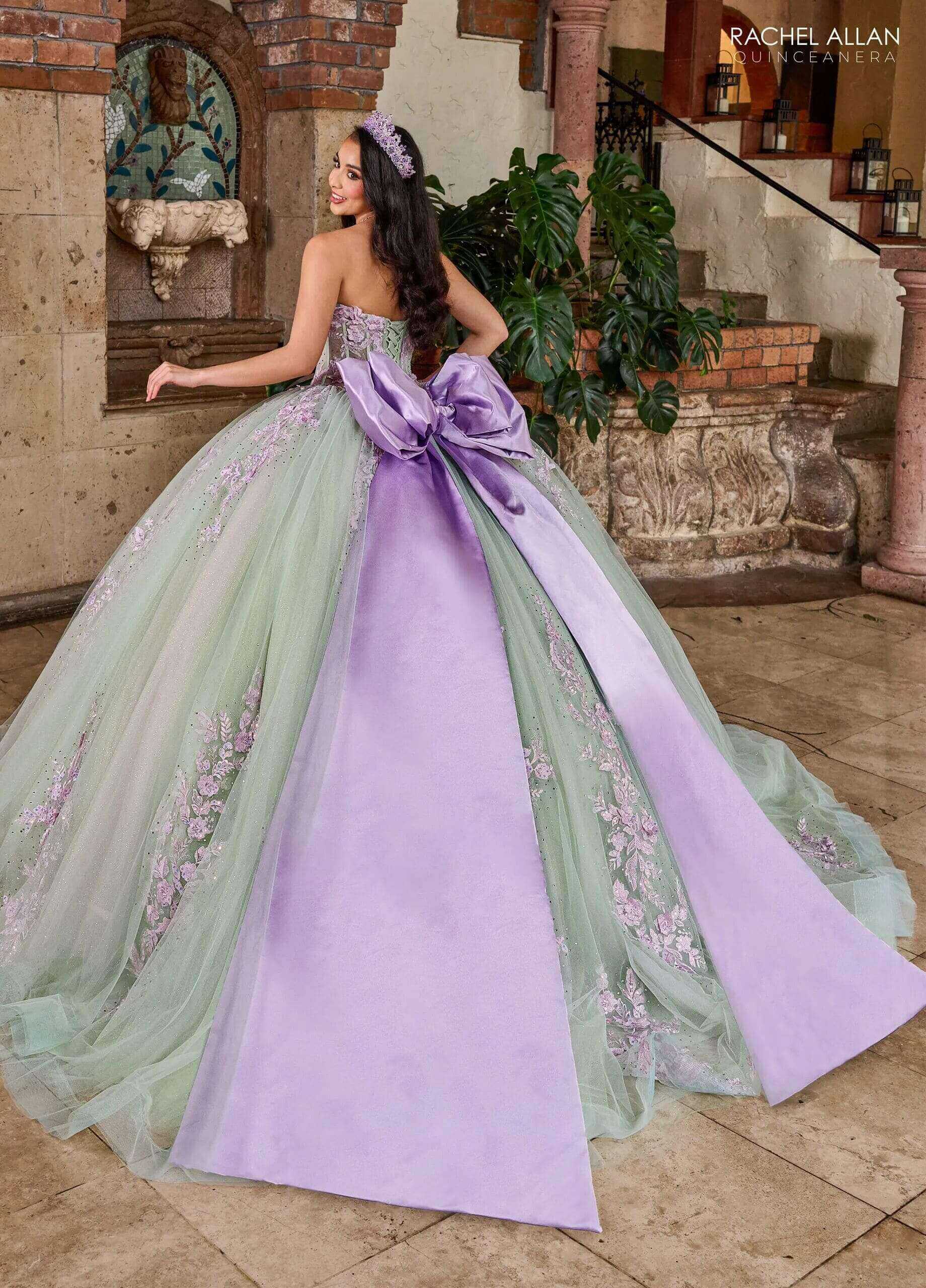Sage Lilac Off the Shoulder Floor Length Tulle Quinceanera Ball Gown with Puff Sleeves Rachel Allan RQ1140
