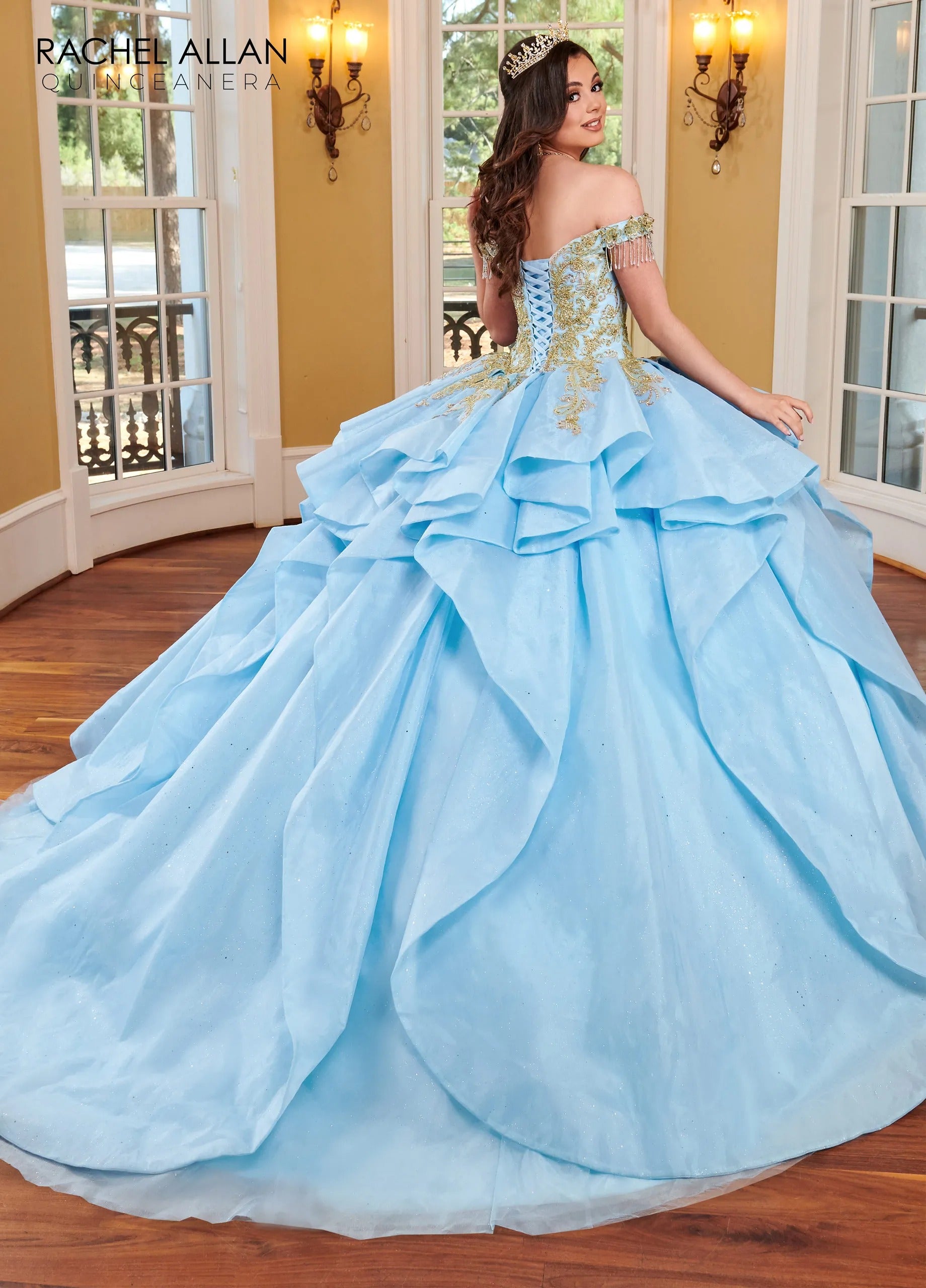 Light Blue Gold Off-the-Shoulder Glitter Tulle Quinceanera Ball Gown with Beaded Fringe Straps Rachel Allan MQ1117