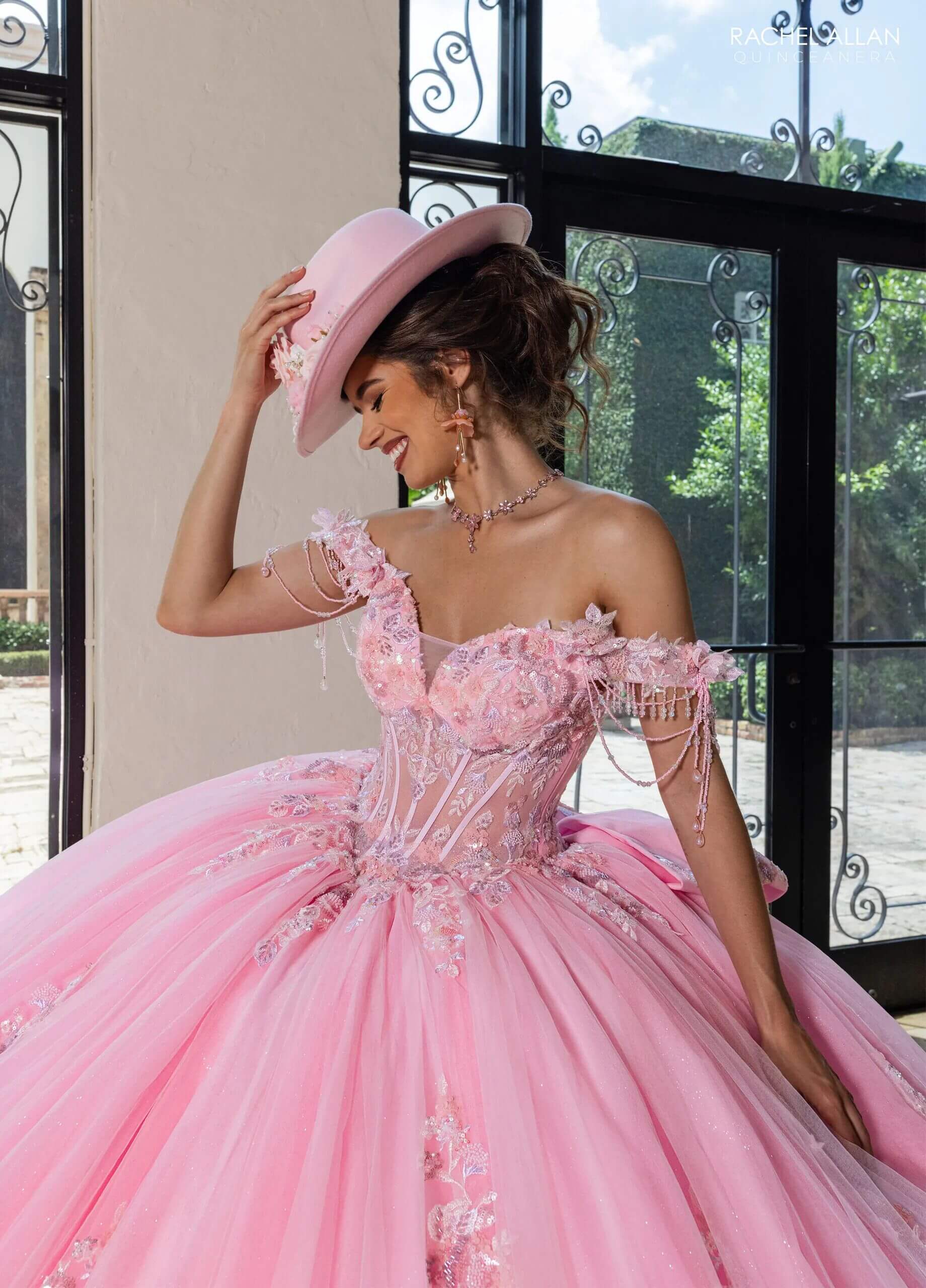 Pink Off the Shoulder Floor Length Glitter Tulle Quinceanera Ball Gown with Floral Applique Rachel Allan RQ1184