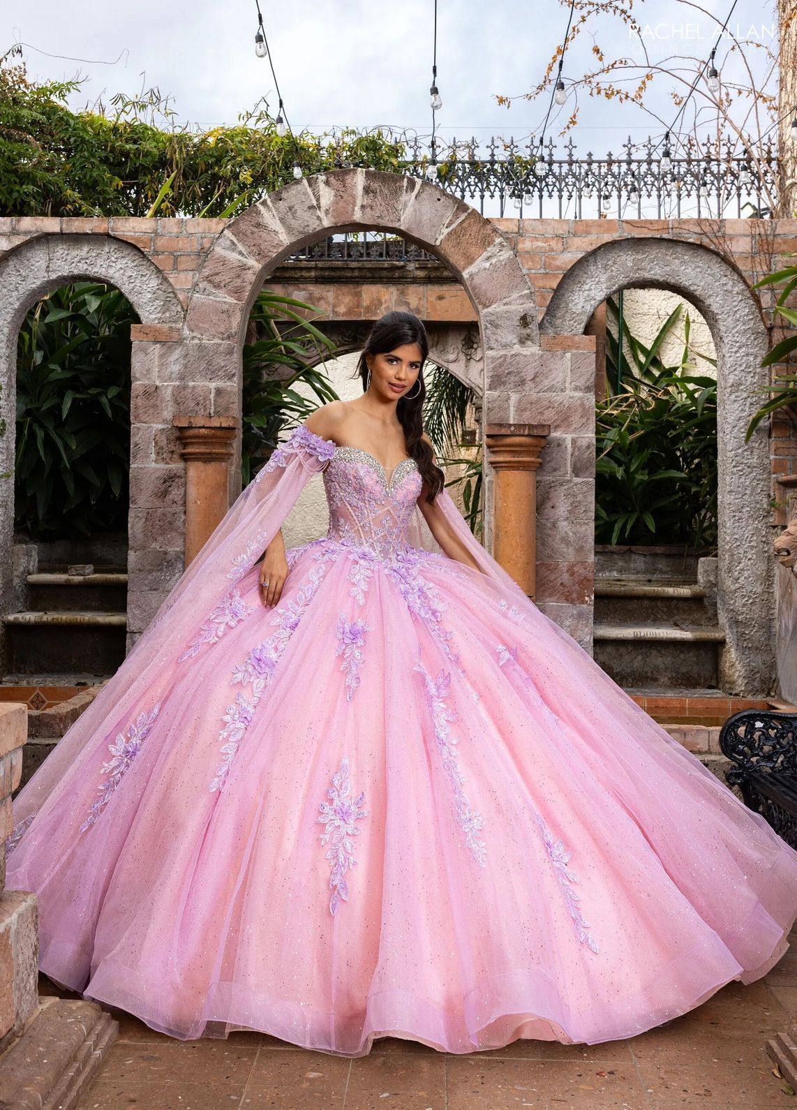 Lilac Pink Sweetheart Floor Length Glitter Tulle Quinceanera Ball Gown with Floral Applique Rachel Allan RQ1166