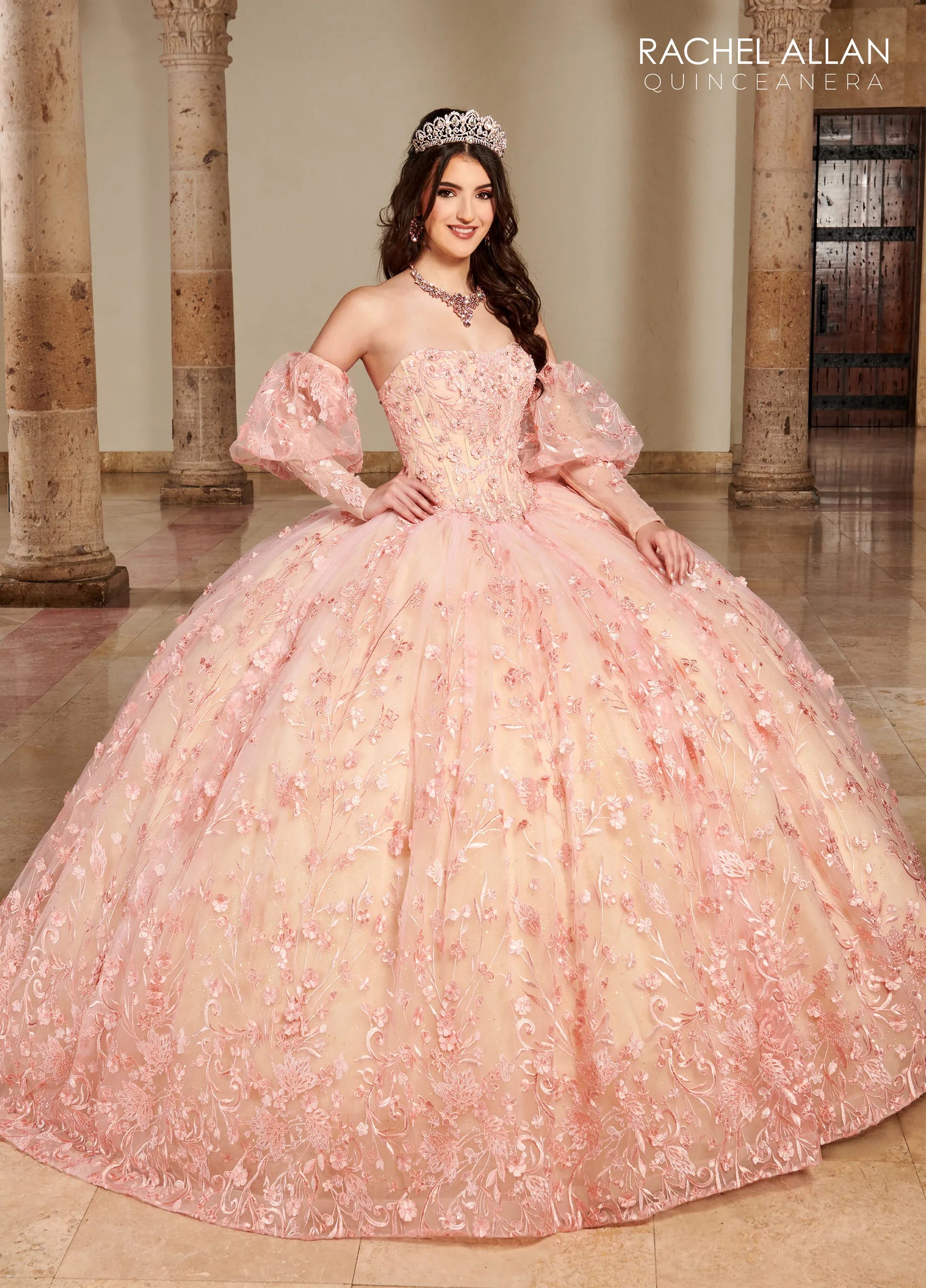Blush Champagne Sweetheart Floor-Length Glitter Tulle Quinceañera Gown with Detachable Puff Sleeves and Bolero Jacket Rachel Allan RQ1123