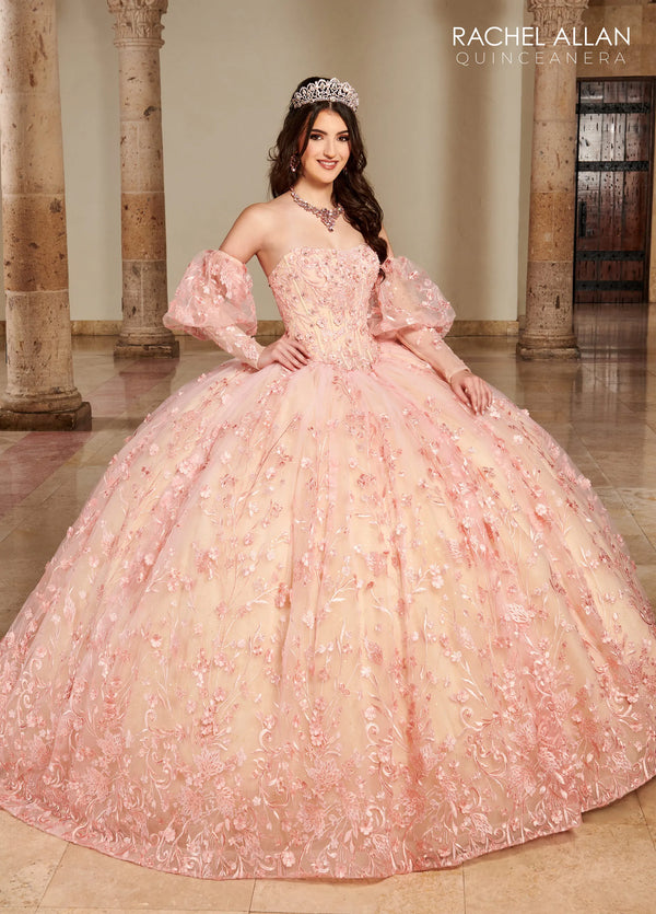 Sweetheart Floor-Length Glitter Tulle Quinceañera Gown with Detachable Puff Sleeves and Bolero Jacket Rachel Allan RQ1123